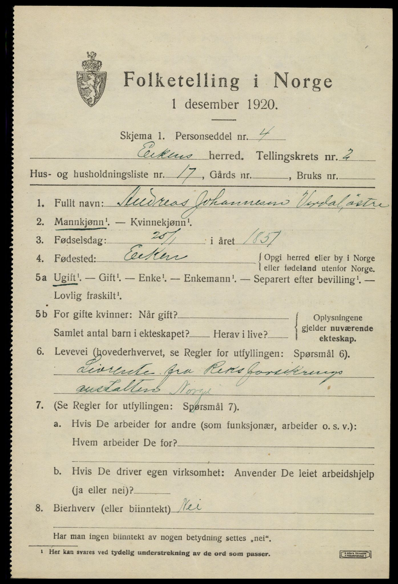 SAK, 1920 census for Eiken, 1920, p. 935