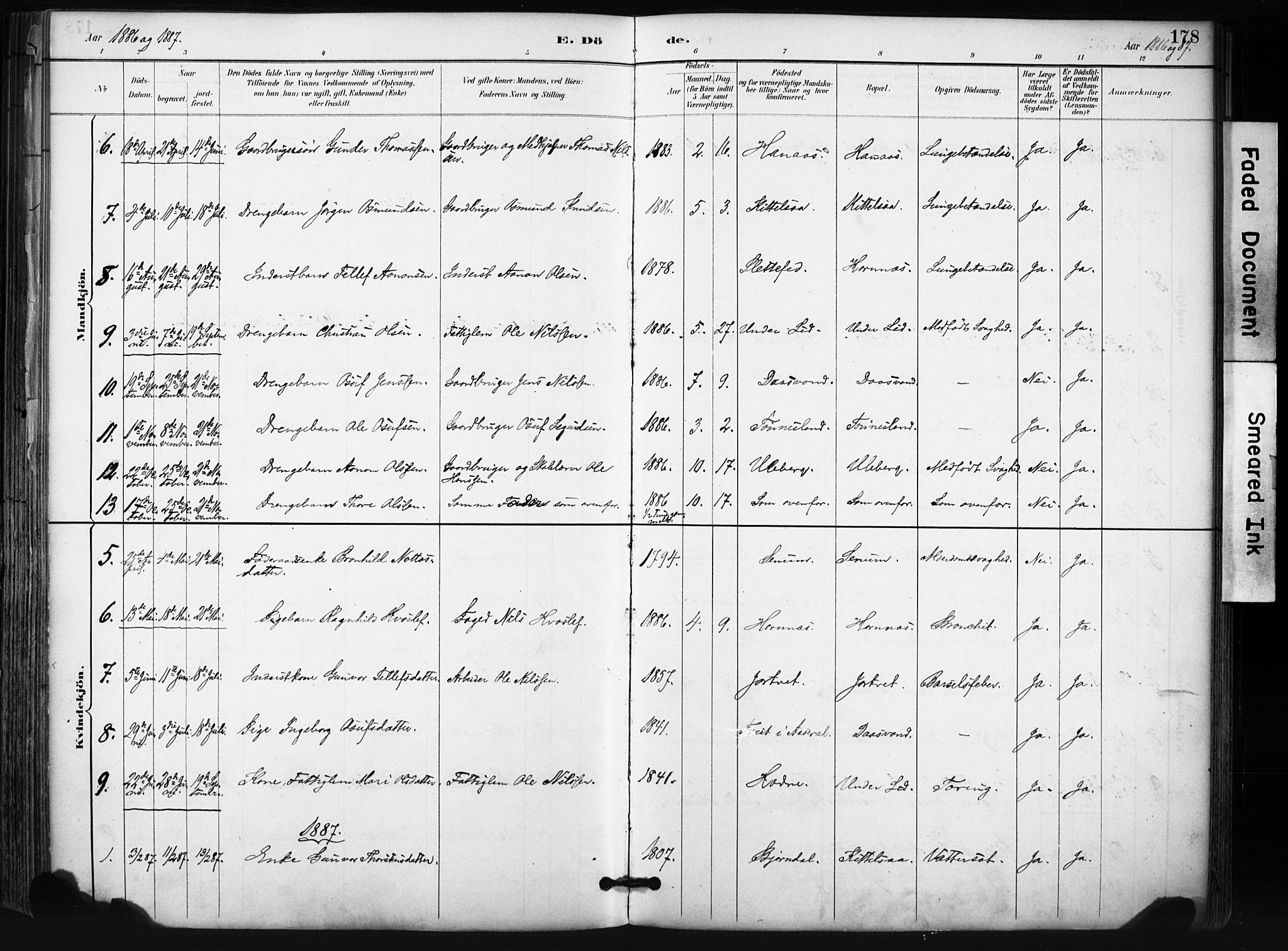 Evje sokneprestkontor, SAK/1111-0008/F/Fa/Fab/L0003: Parish register (official) no. A 3, 1884-1909, p. 178