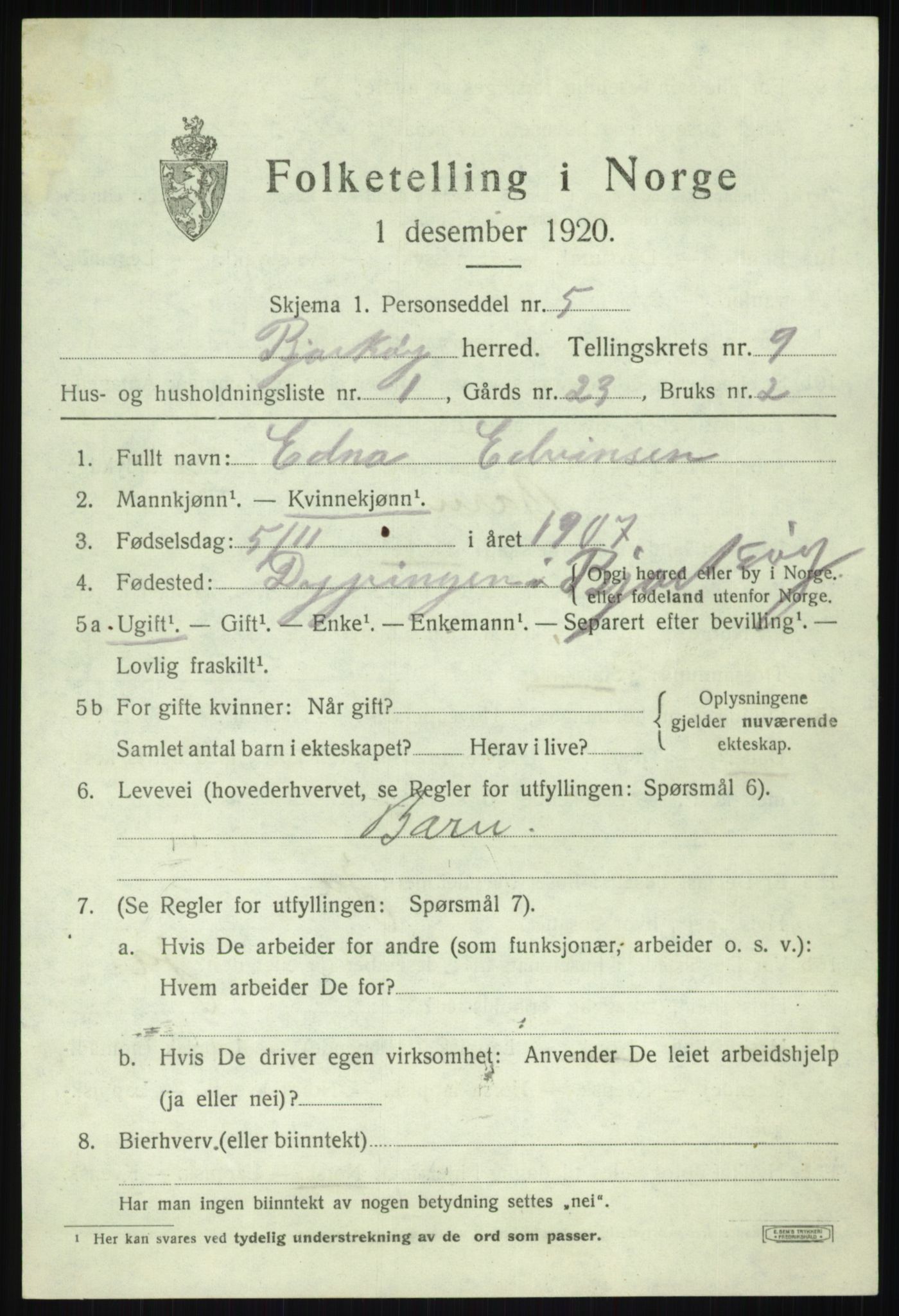 SATØ, 1920 census for Bjarkøy, 1920, p. 3827