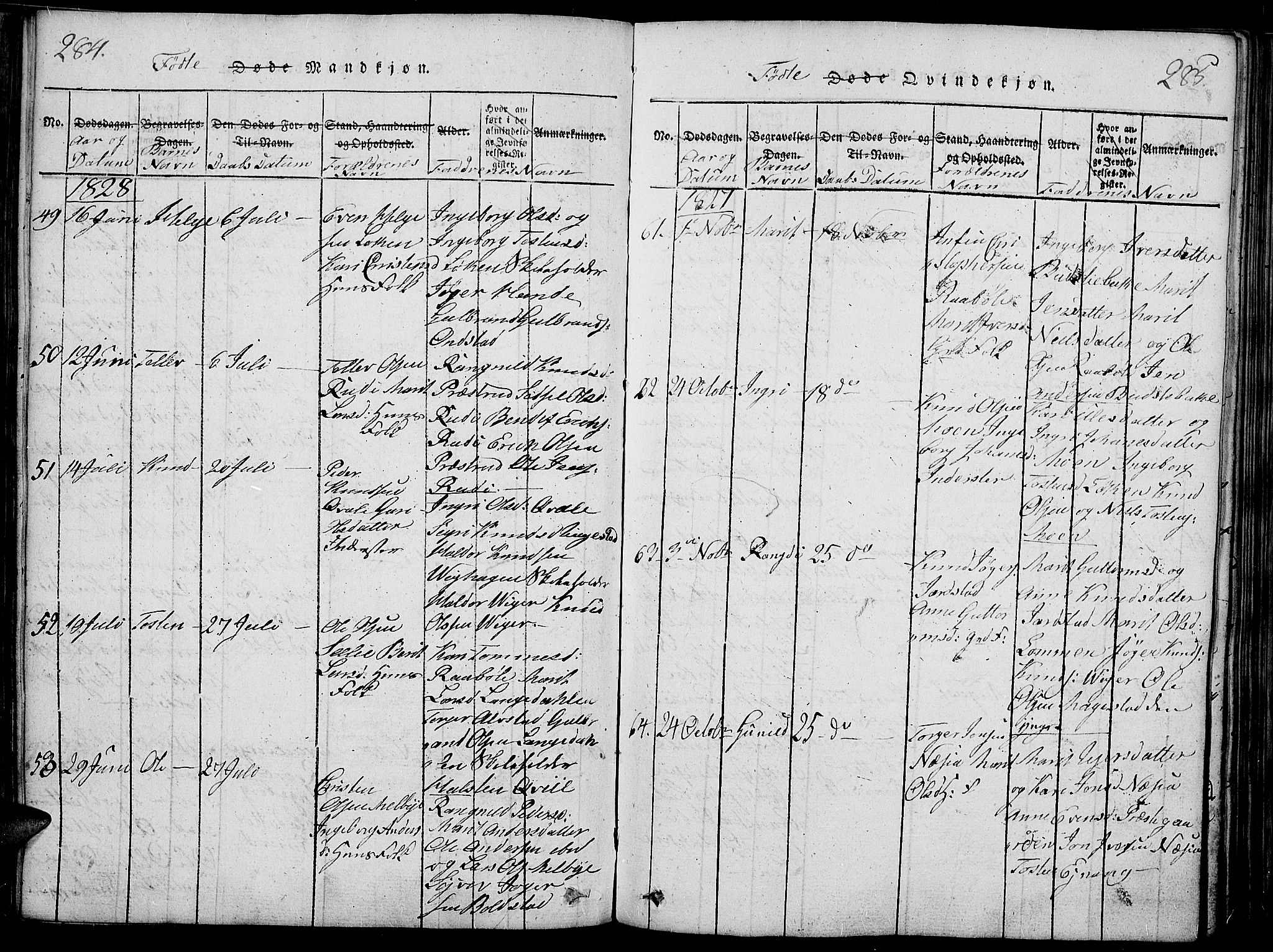 Slidre prestekontor, AV/SAH-PREST-134/H/Ha/Haa/L0002: Parish register (official) no. 2, 1814-1830, p. 284-285