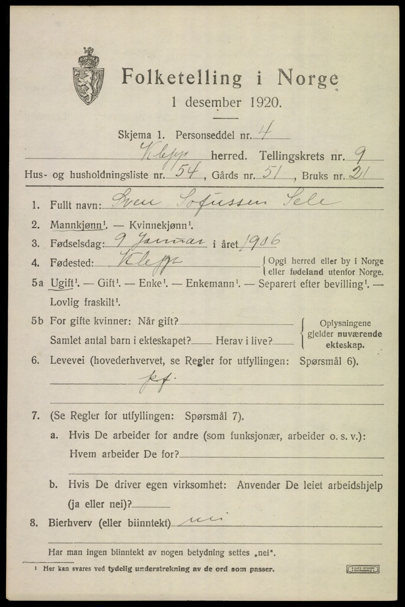 SAST, 1920 census for Klepp, 1920, p. 8248