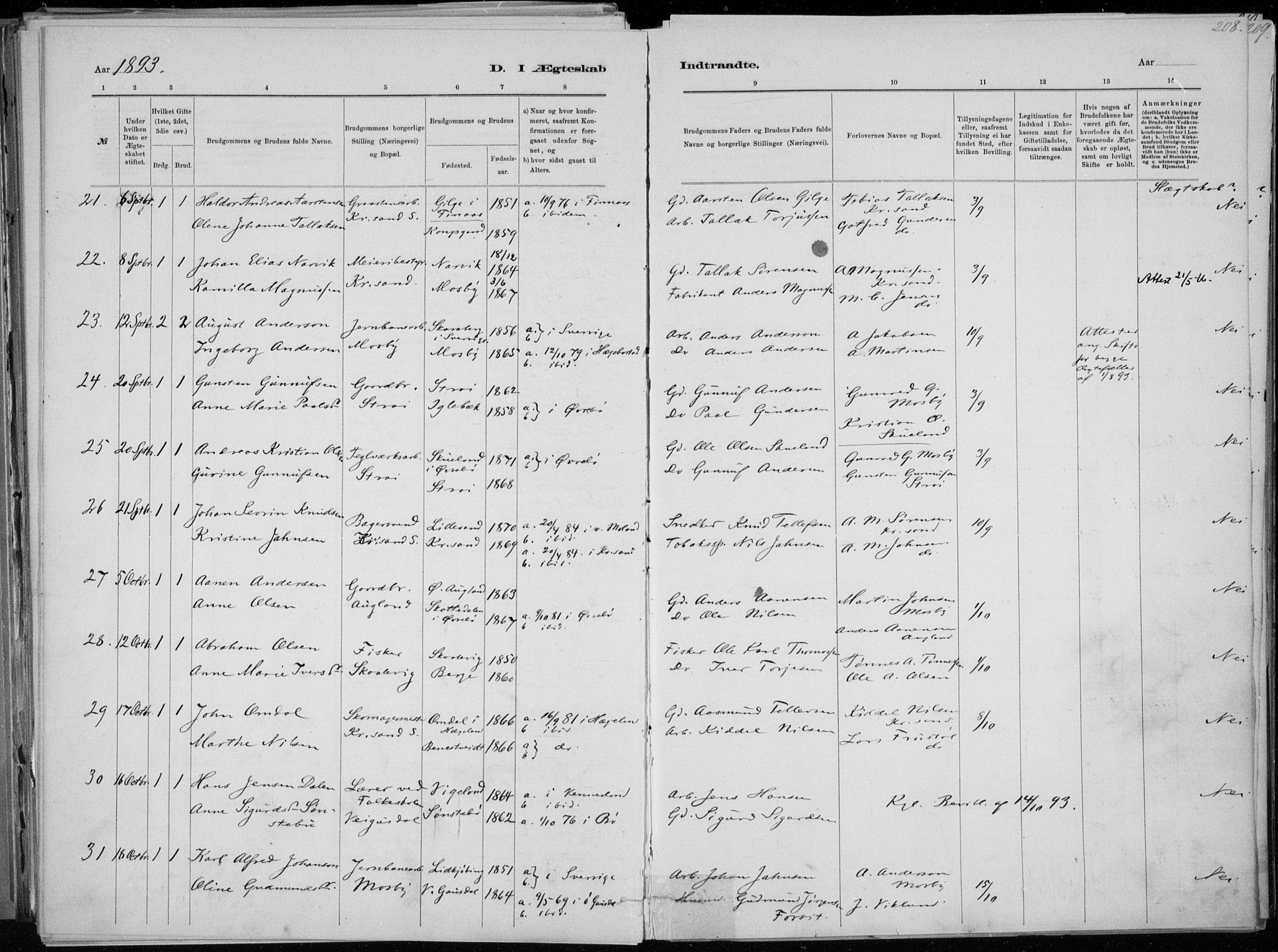 Oddernes sokneprestkontor, AV/SAK-1111-0033/F/Fa/Faa/L0009: Parish register (official) no. A 9, 1884-1896, p. 208