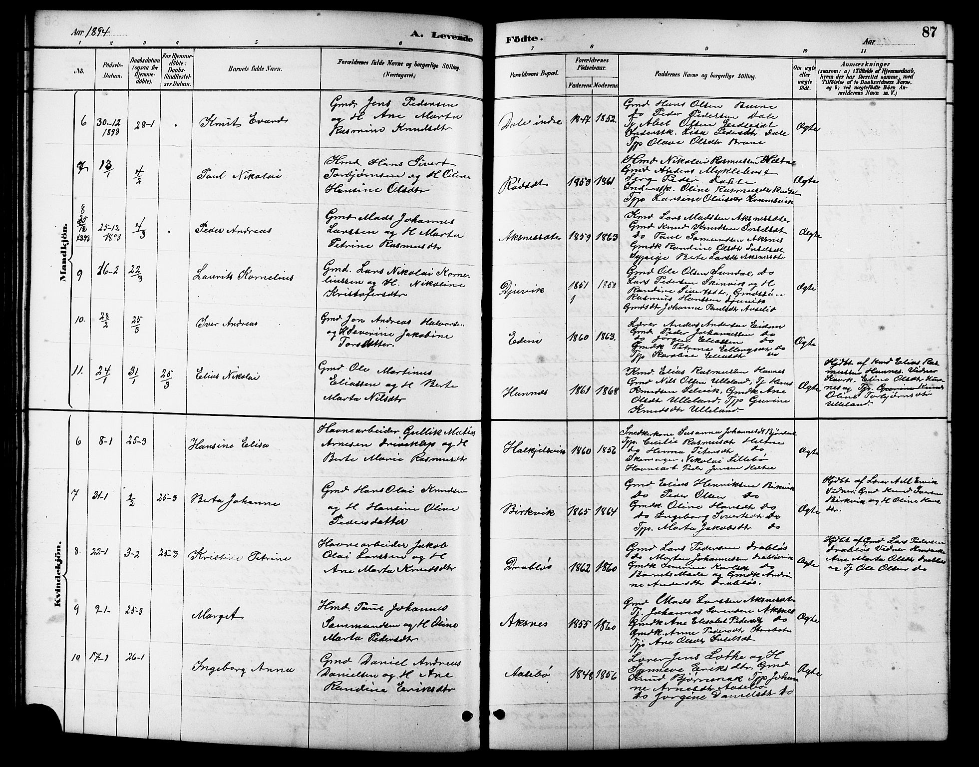 Ministerialprotokoller, klokkerbøker og fødselsregistre - Møre og Romsdal, AV/SAT-A-1454/511/L0158: Parish register (copy) no. 511C04, 1884-1903, p. 87