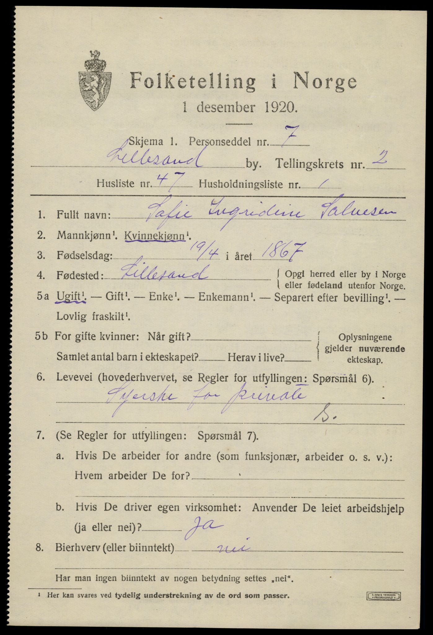 SAK, 1920 census for Lillesand, 1920, p. 2905