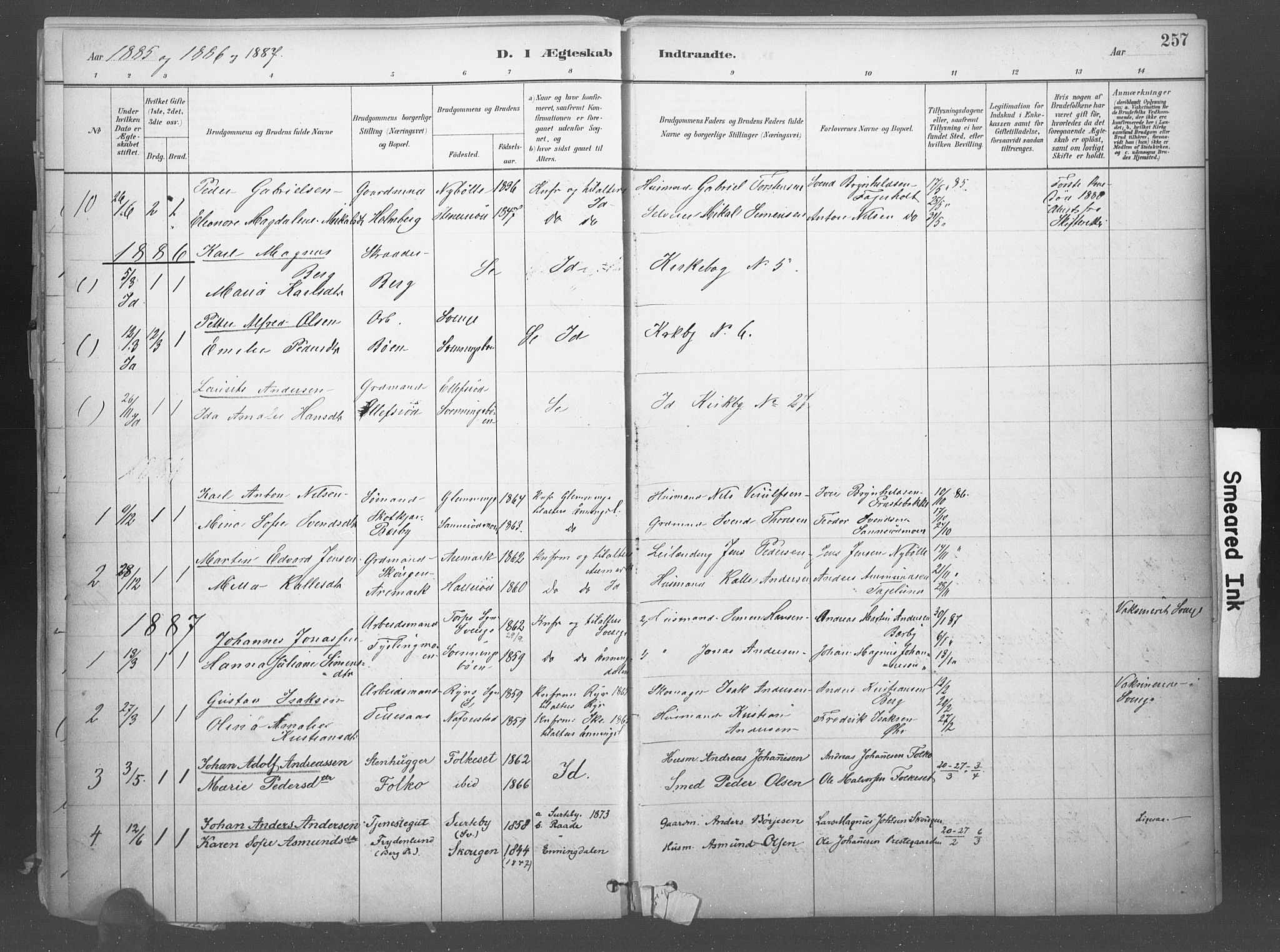 Idd prestekontor Kirkebøker, SAO/A-10911/F/Fb/L0002: Parish register (official) no. II 2, 1882-1923, p. 257
