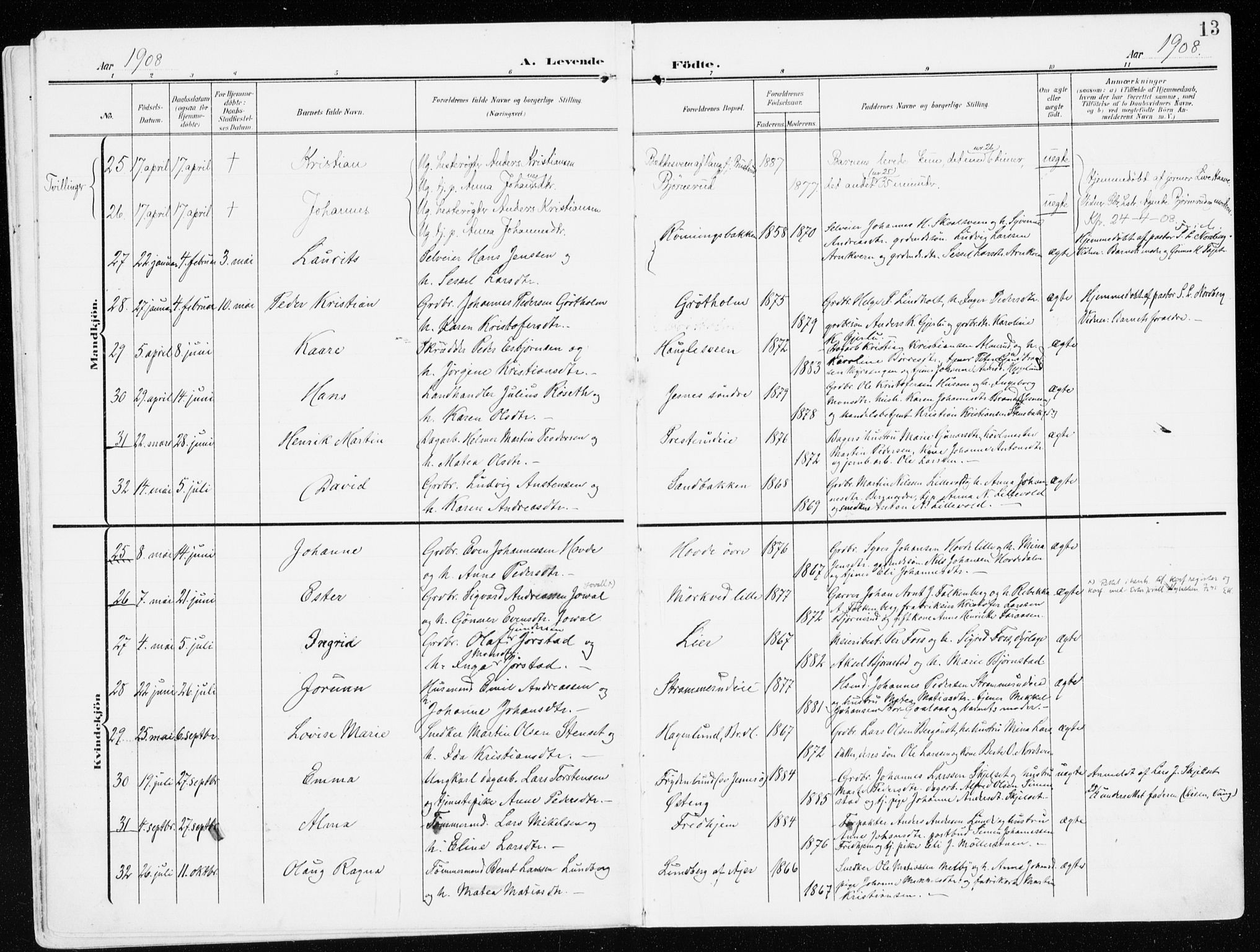 Furnes prestekontor, AV/SAH-PREST-012/K/Ka/L0001: Parish register (official) no. 1, 1907-1935, p. 13