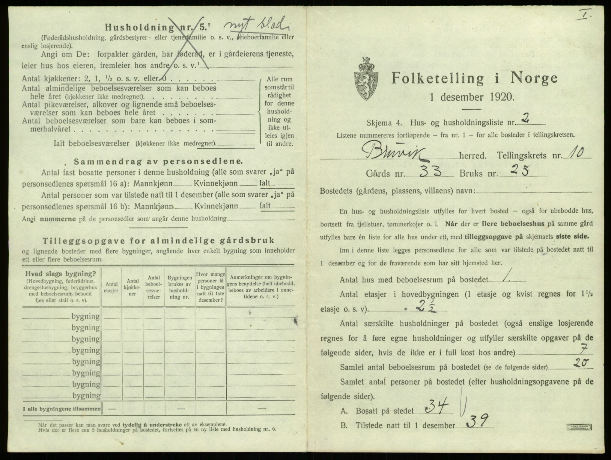 SAB, 1920 census for Bruvik, 1920, p. 748