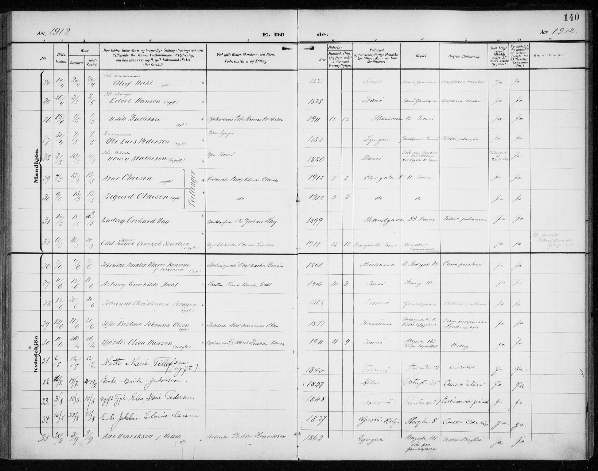 Tromsø sokneprestkontor/stiftsprosti/domprosti, AV/SATØ-S-1343/G/Ga/L0018kirke: Parish register (official) no. 18, 1907-1917, p. 140