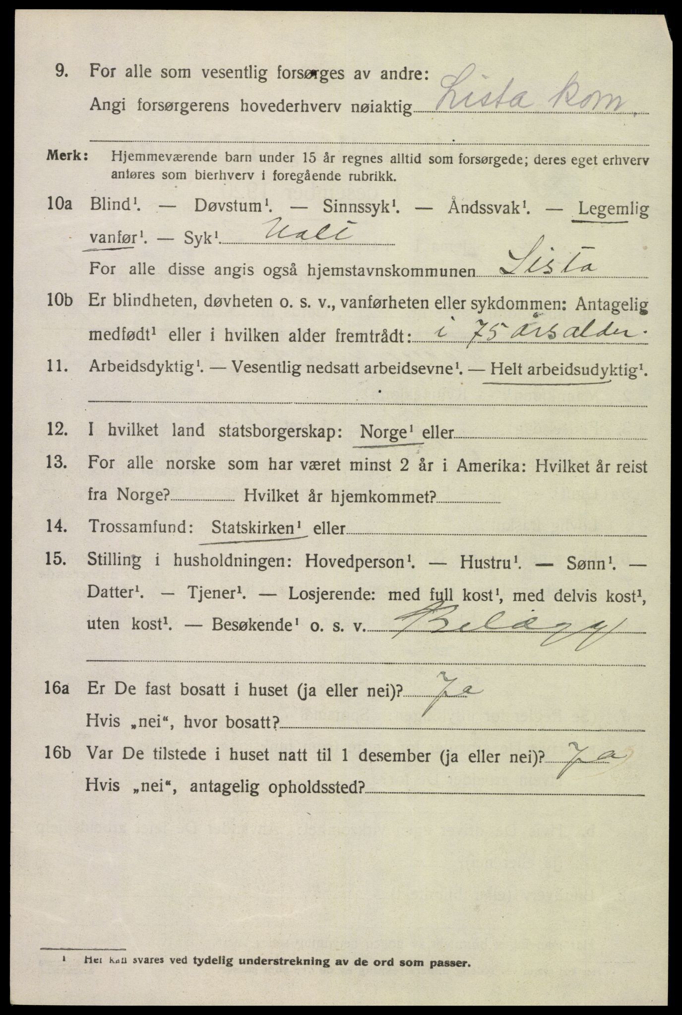 SAK, 1920 census for Lista, 1920, p. 6966