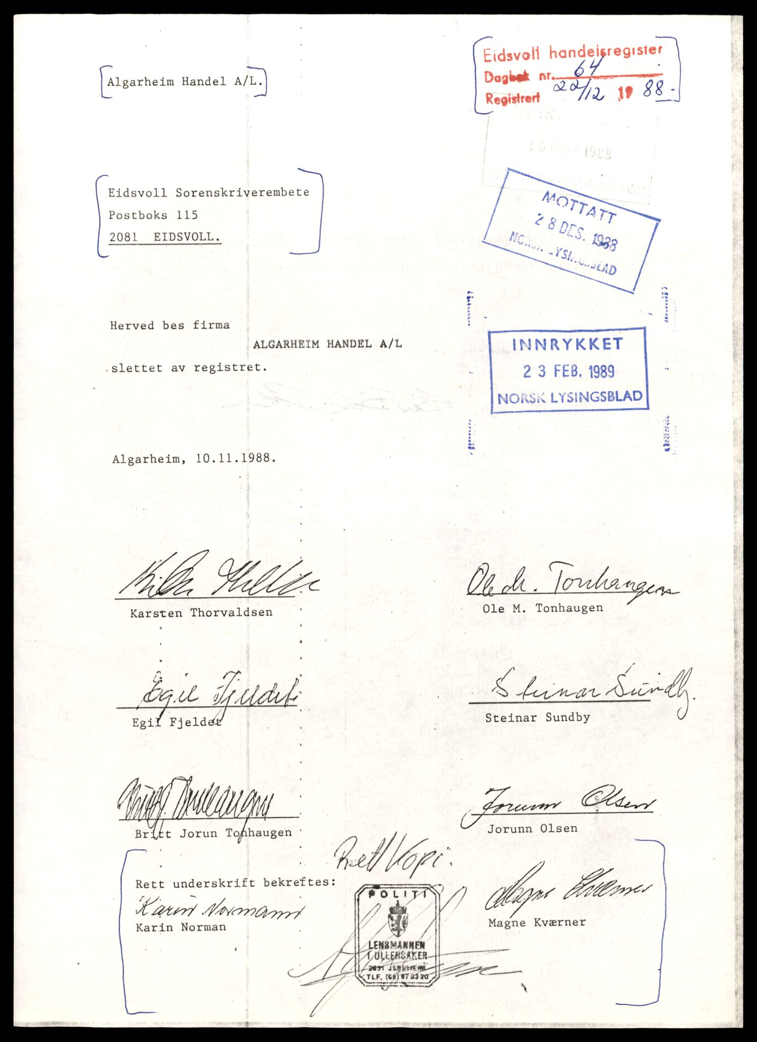 Eidsvoll tingrett, AV/SAT-A-10371/K/Kd/Kda/L0023:  Andelslag, A-E , 1944-1990