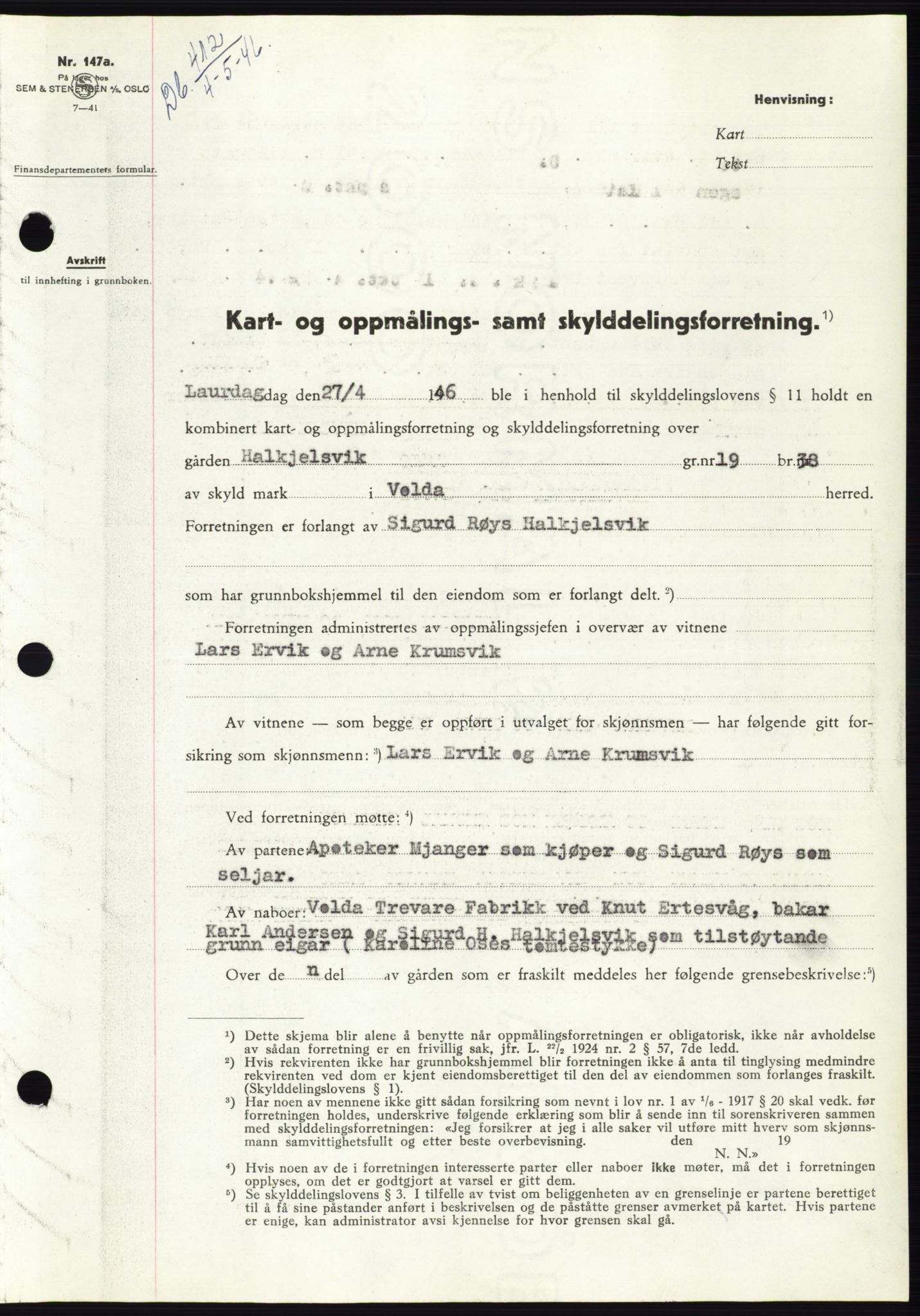 Søre Sunnmøre sorenskriveri, AV/SAT-A-4122/1/2/2C/L0078: Mortgage book no. 4A, 1946-1946, Diary no: : 412/1946