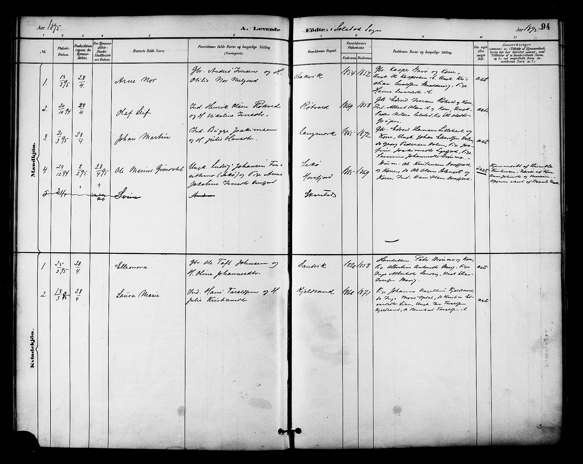 Ministerialprotokoller, klokkerbøker og fødselsregistre - Nordland, AV/SAT-A-1459/810/L0151: Parish register (official) no. 810A10 /2, 1885-1895, p. 94