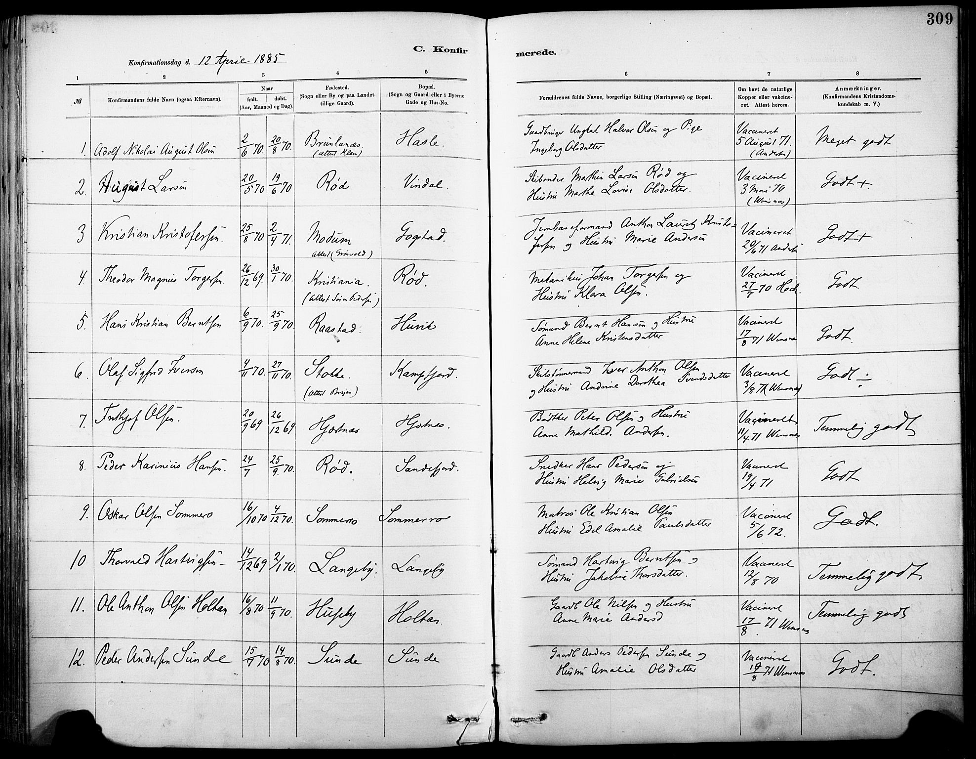 Sandar kirkebøker, AV/SAKO-A-243/F/Fa/L0012: Parish register (official) no. 12, 1883-1895, p. 309