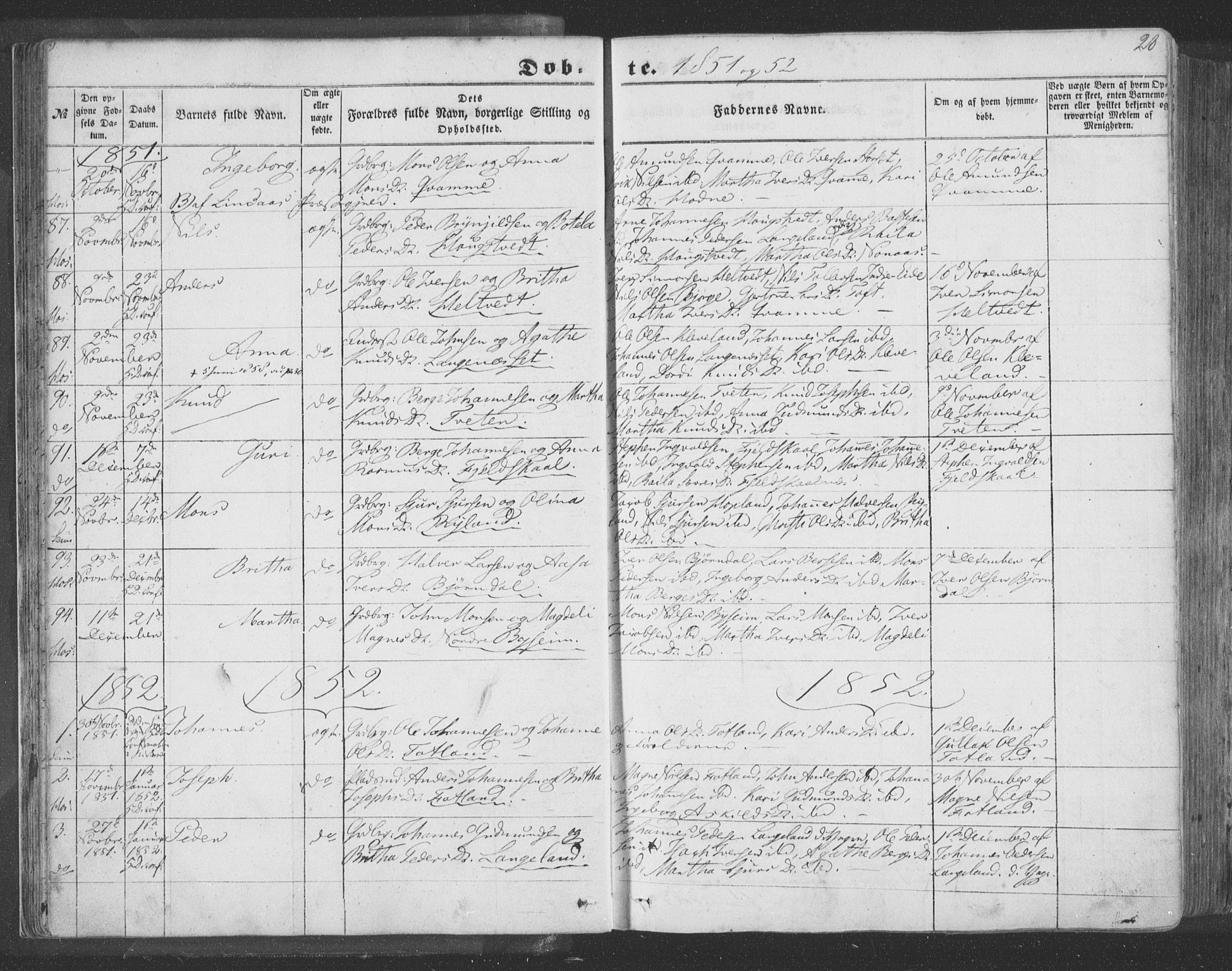 Hosanger sokneprestembete, SAB/A-75801/H/Haa: Parish register (official) no. A 8, 1849-1863, p. 28