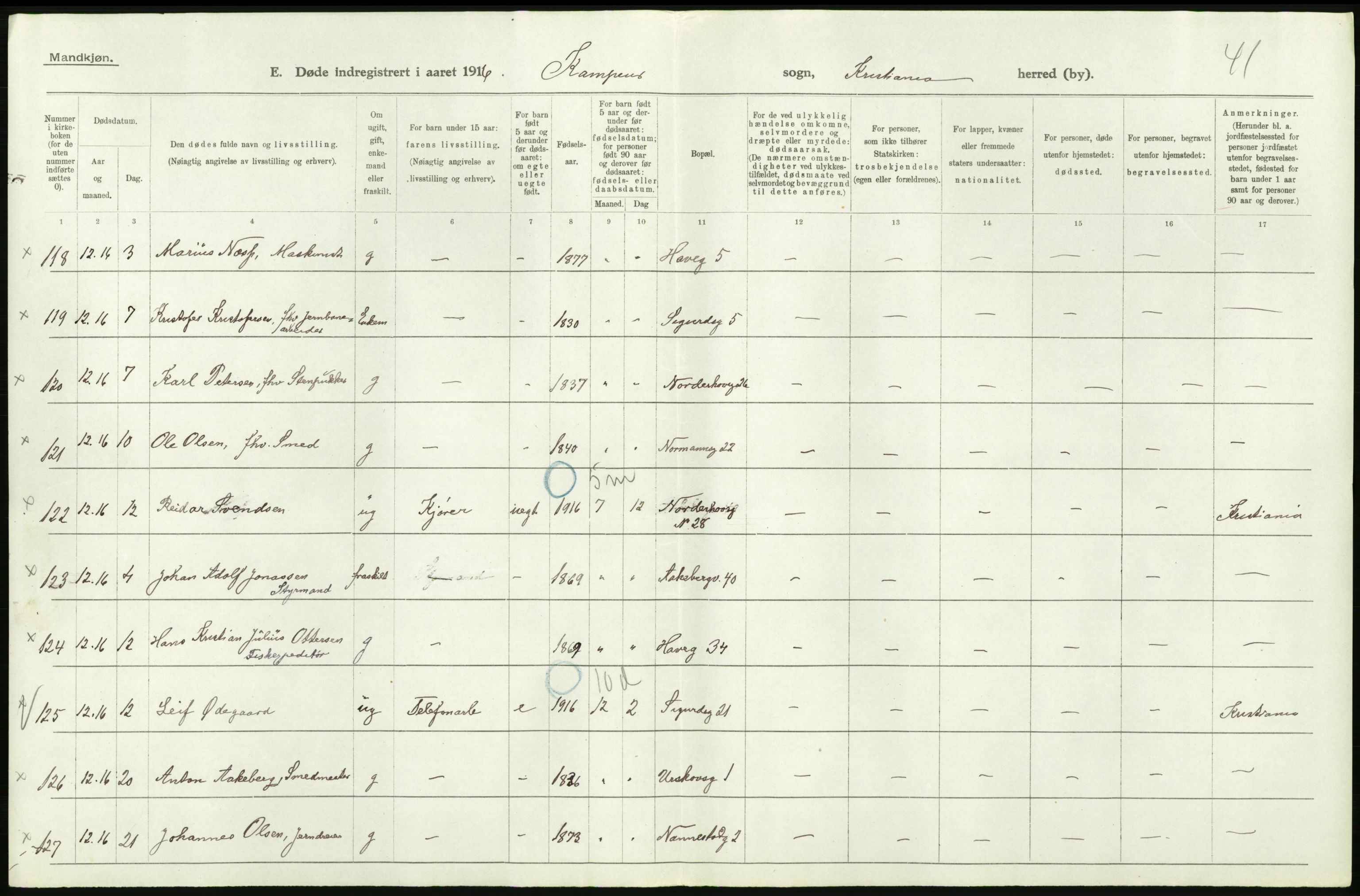 Statistisk sentralbyrå, Sosiodemografiske emner, Befolkning, RA/S-2228/D/Df/Dfb/Dfbf/L0009: Kristiania: Døde., 1916, p. 188