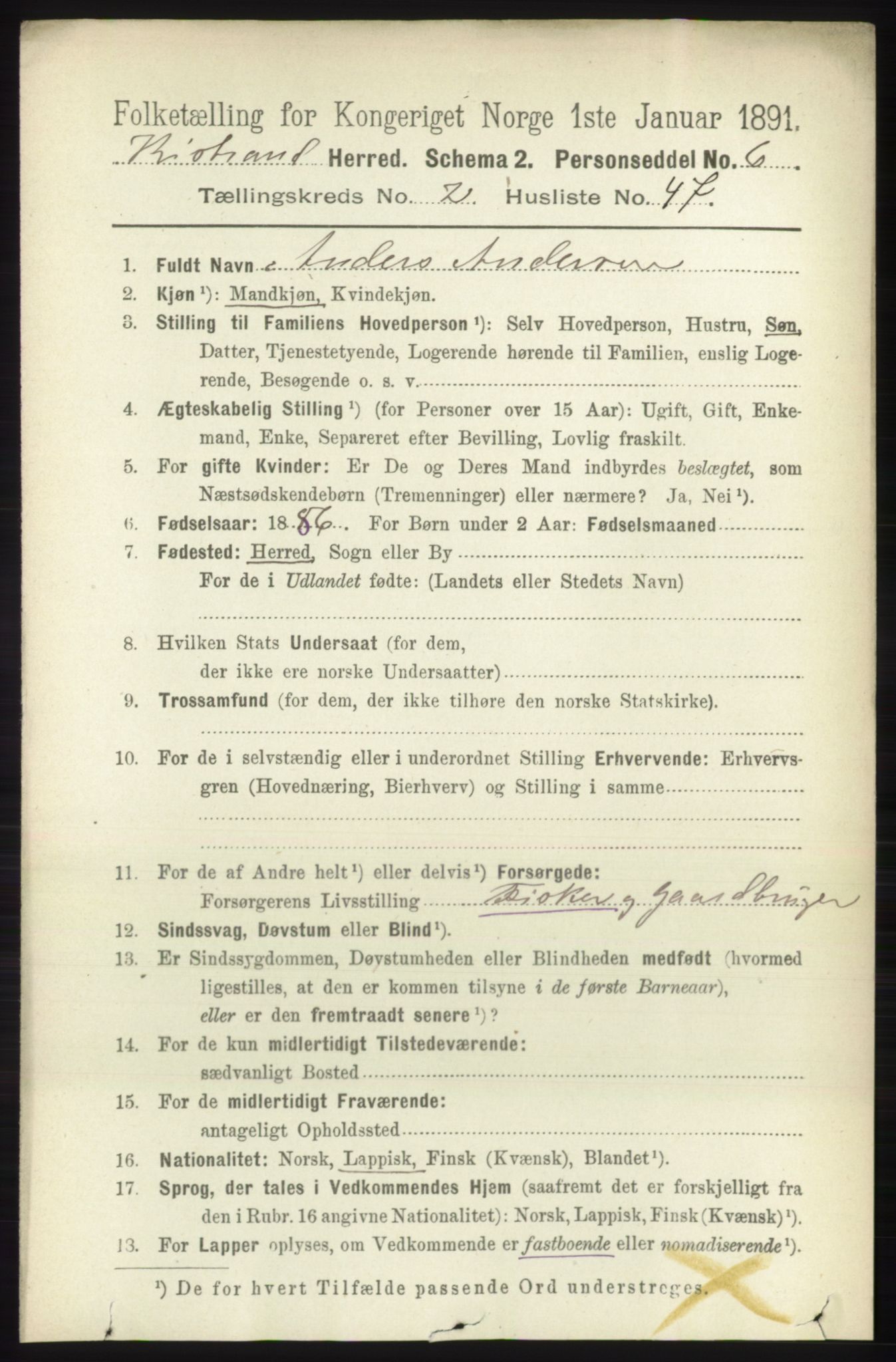 RA, 1891 census for 2020 Kistrand, 1891, p. 857