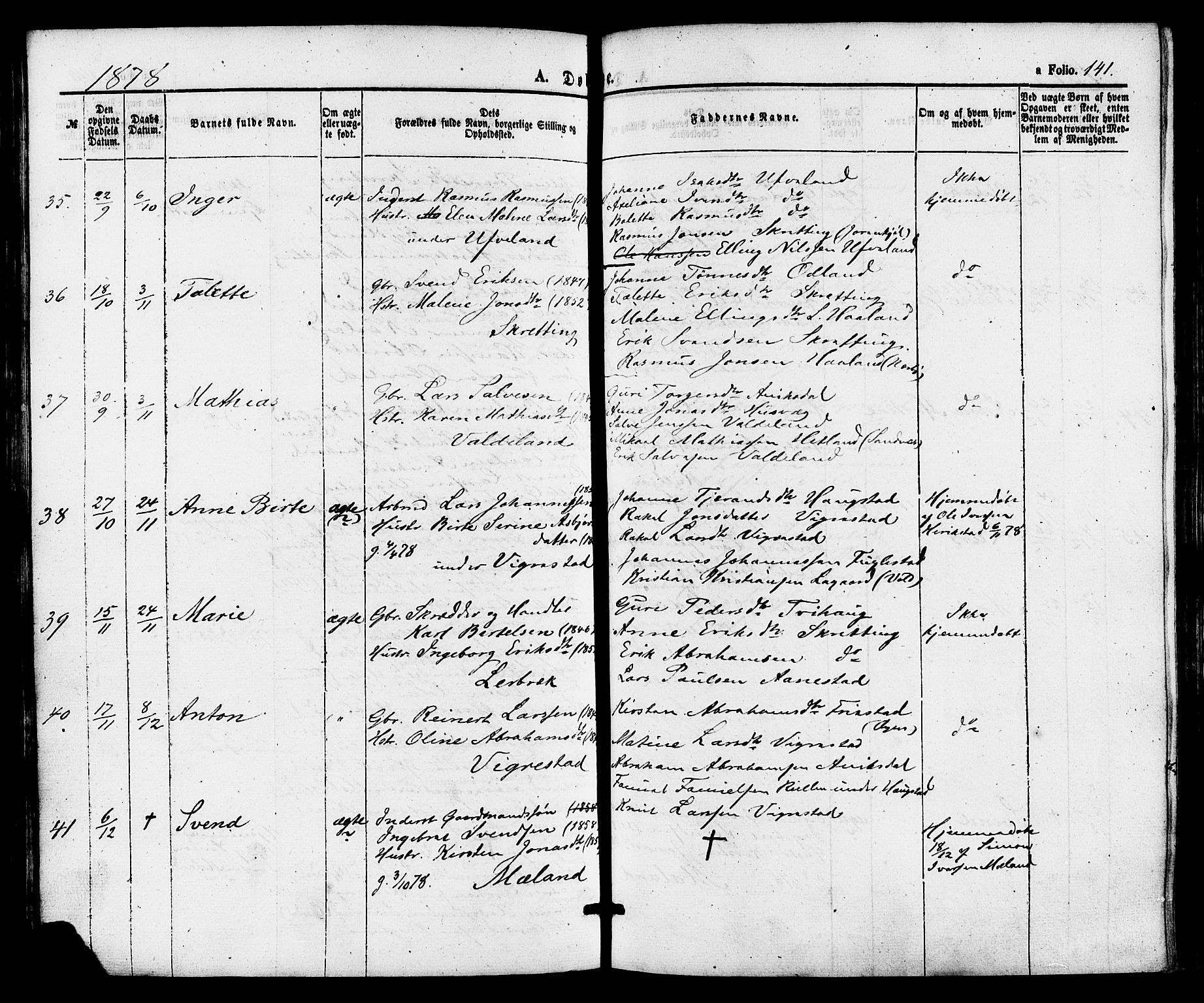 Hå sokneprestkontor, AV/SAST-A-101801/001/30BA/L0009: Parish register (official) no. A 8, 1855-1878, p. 141