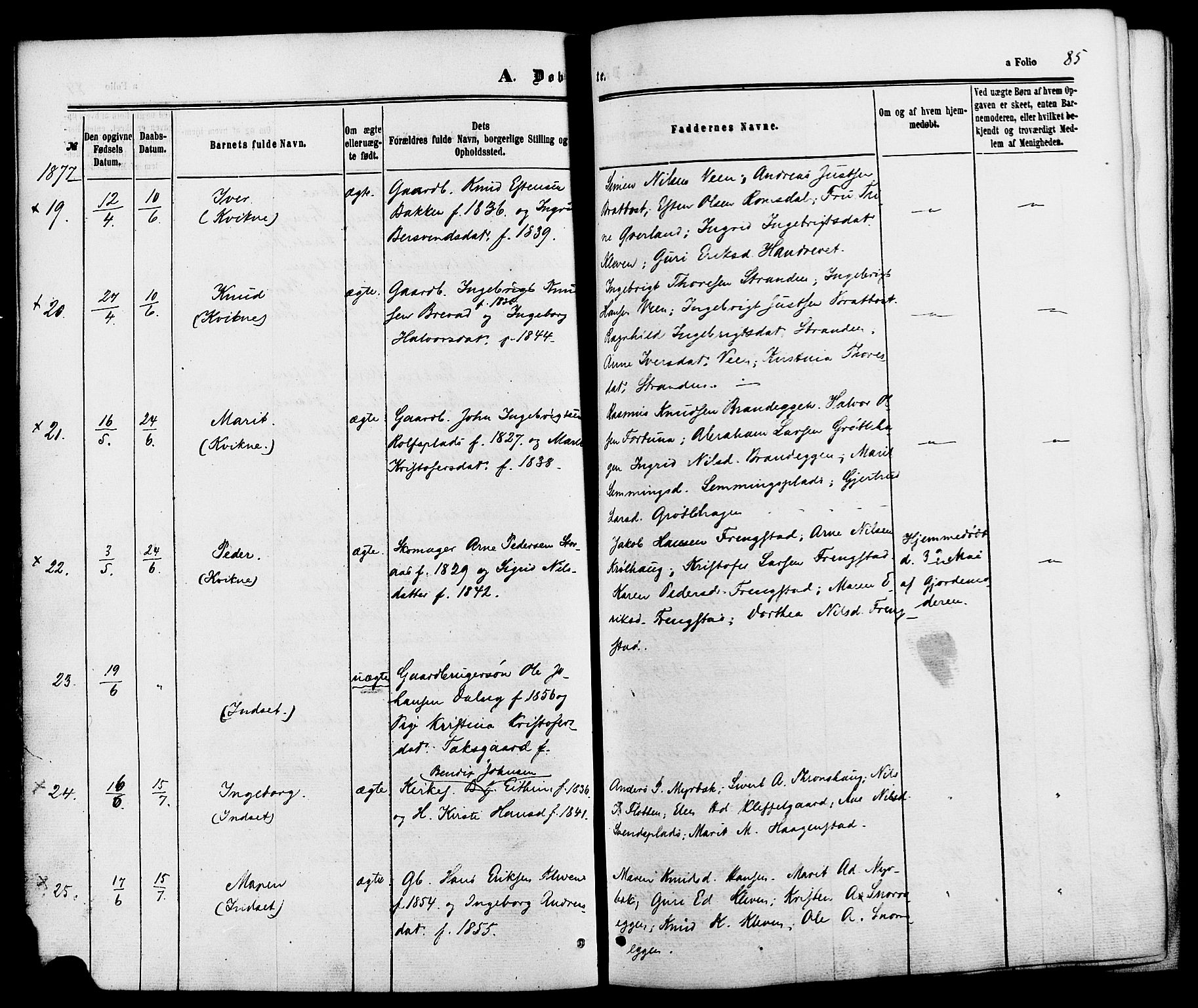 Kvikne prestekontor, AV/SAH-PREST-064/H/Ha/Haa/L0006: Parish register (official) no. 6, 1863-1886, p. 85