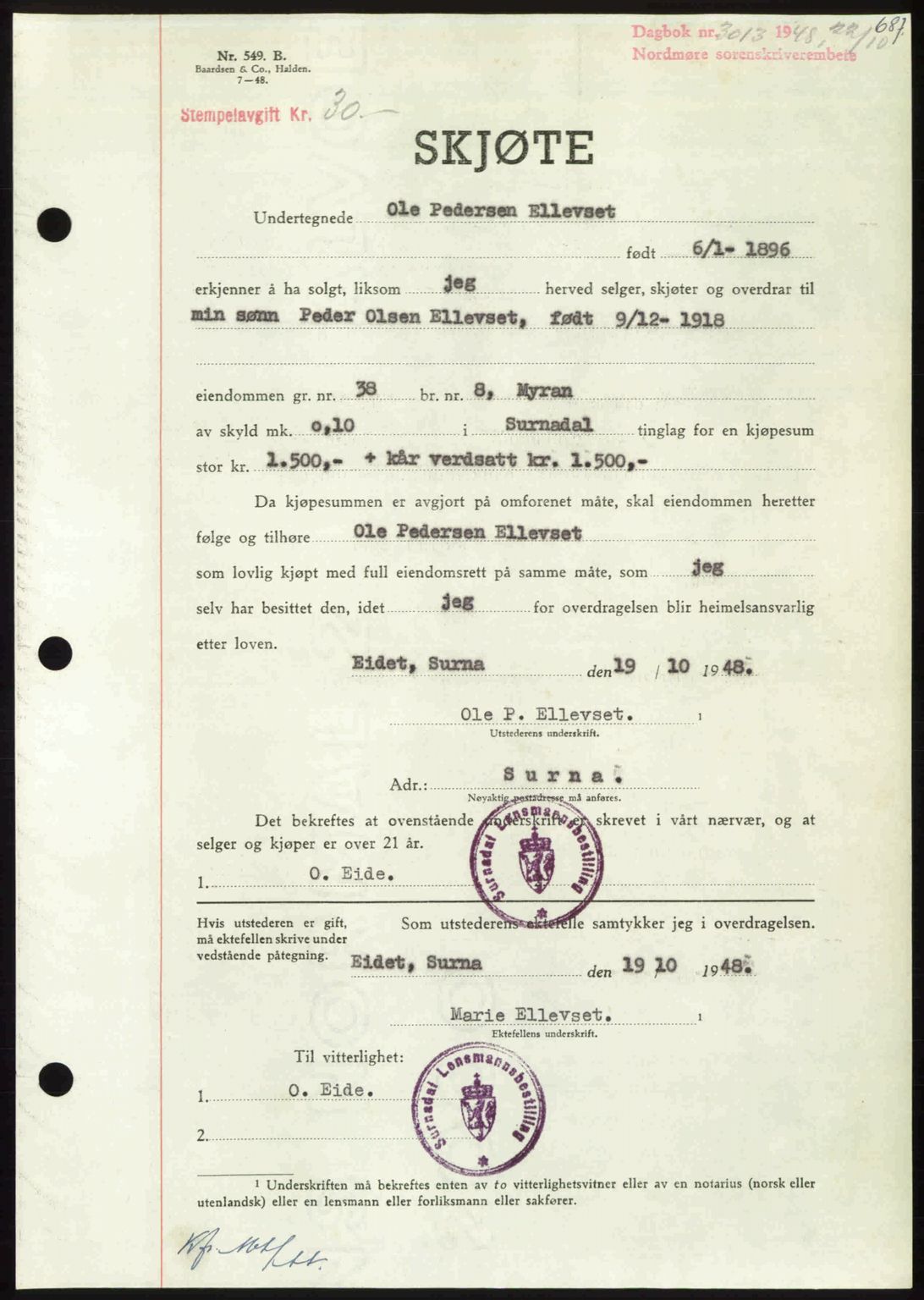 Nordmøre sorenskriveri, AV/SAT-A-4132/1/2/2Ca: Mortgage book no. A109, 1948-1948, Diary no: : 3013/1948