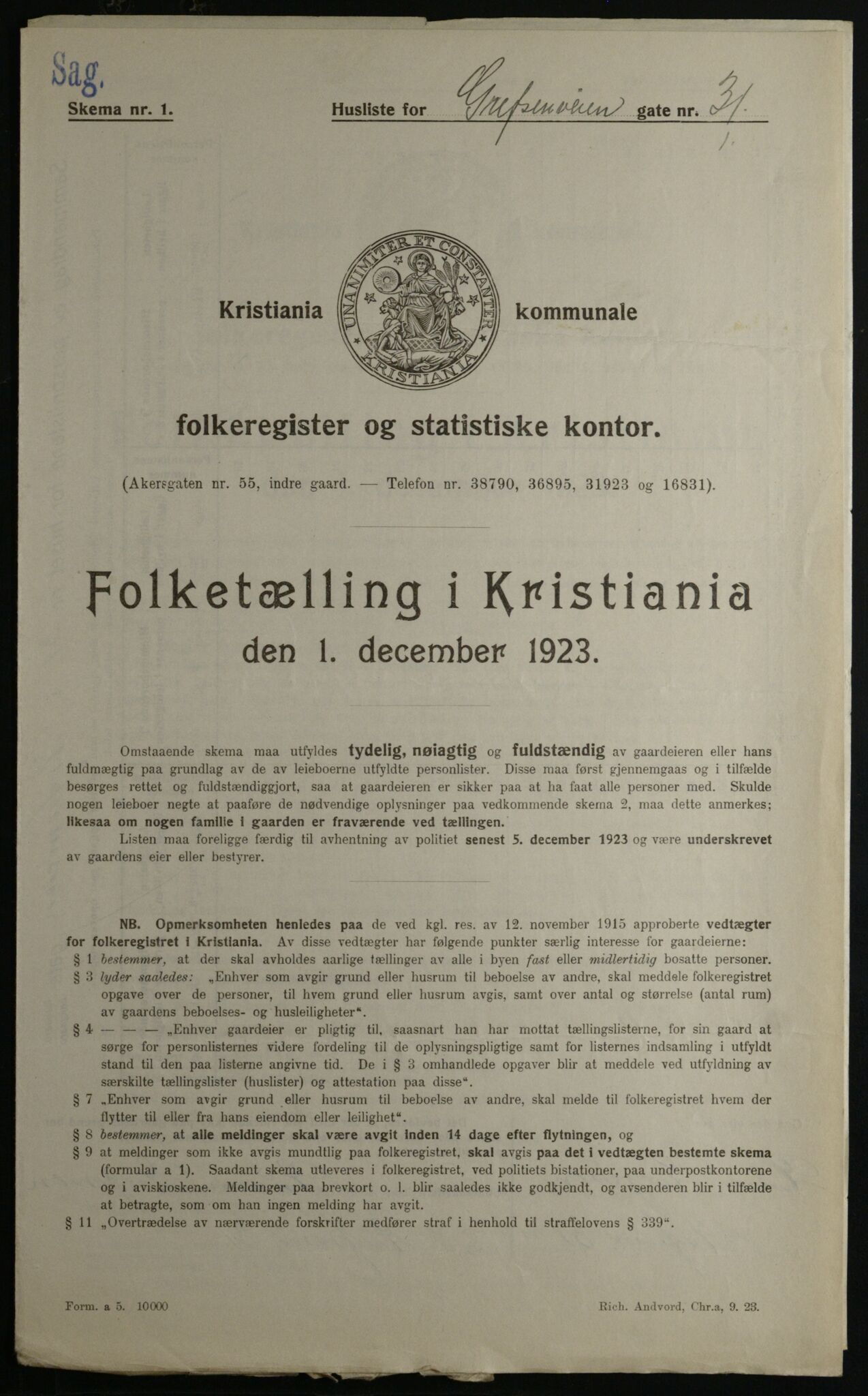 OBA, Municipal Census 1923 for Kristiania, 1923, p. 33581