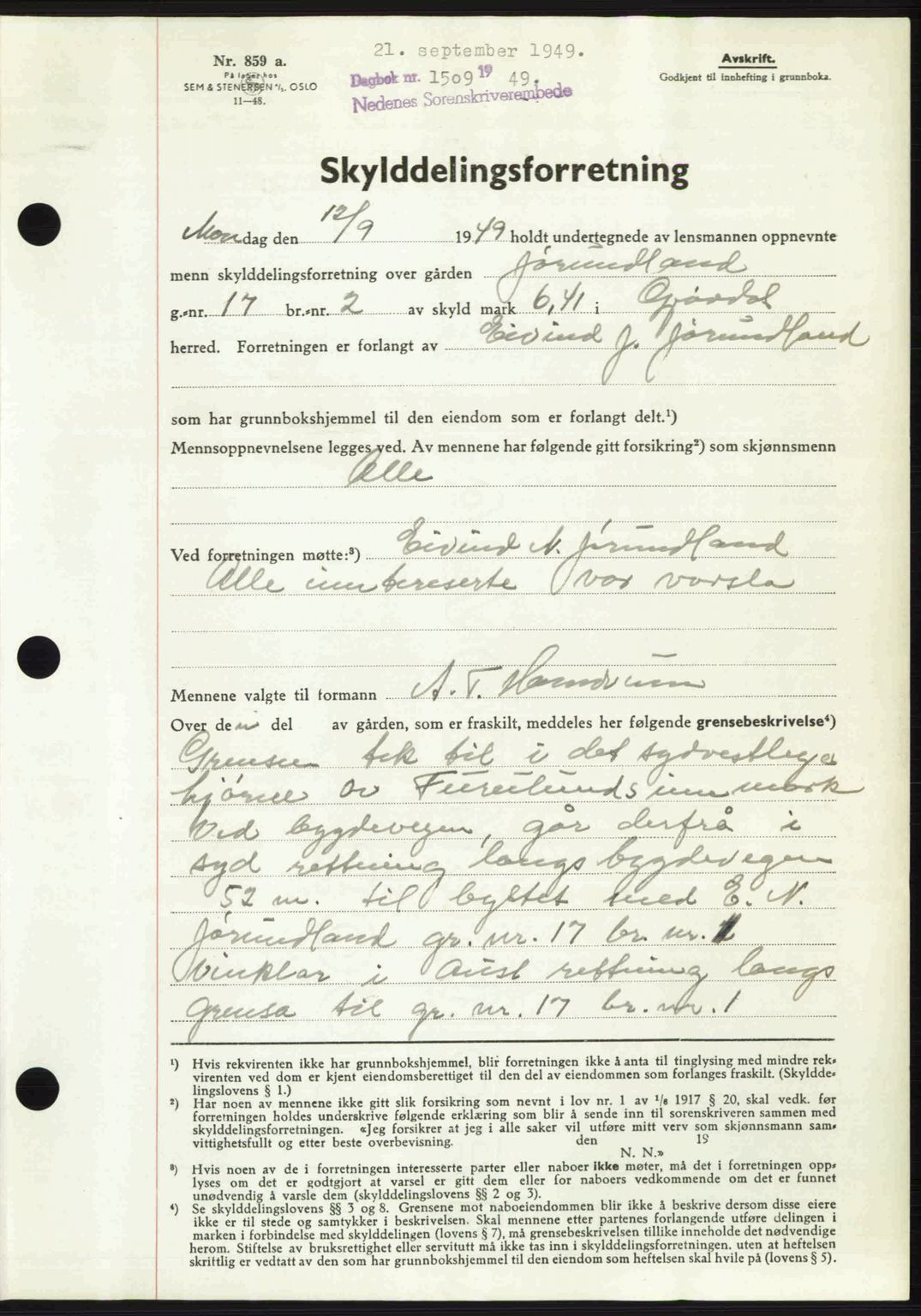 Nedenes sorenskriveri, AV/SAK-1221-0006/G/Gb/Gba/L0061: Mortgage book no. A13, 1949-1949, Diary no: : 1509/1949