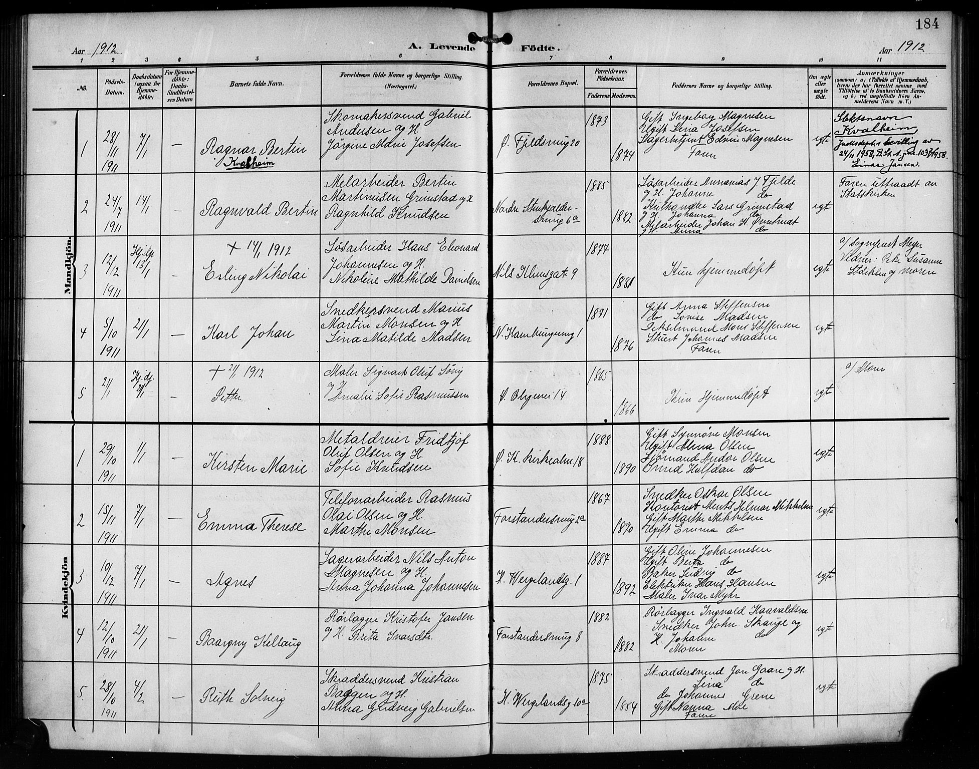 Korskirken sokneprestembete, SAB/A-76101/H/Hab: Parish register (copy) no. B 11, 1905-1916, p. 184