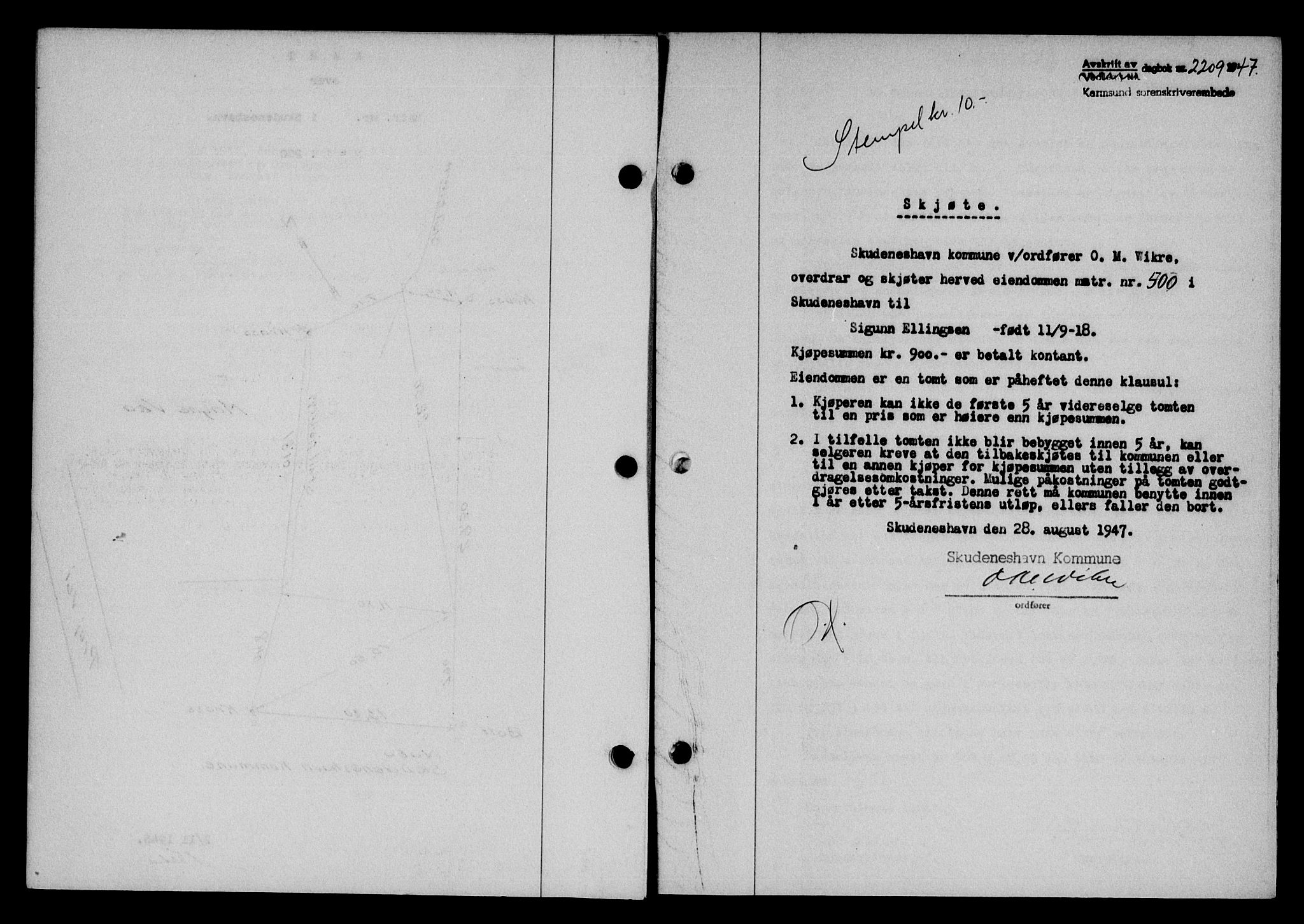 Karmsund sorenskriveri, SAST/A-100311/01/II/IIB/L0090: Mortgage book no. 70A, 1947-1947, Diary no: : 2209/1947