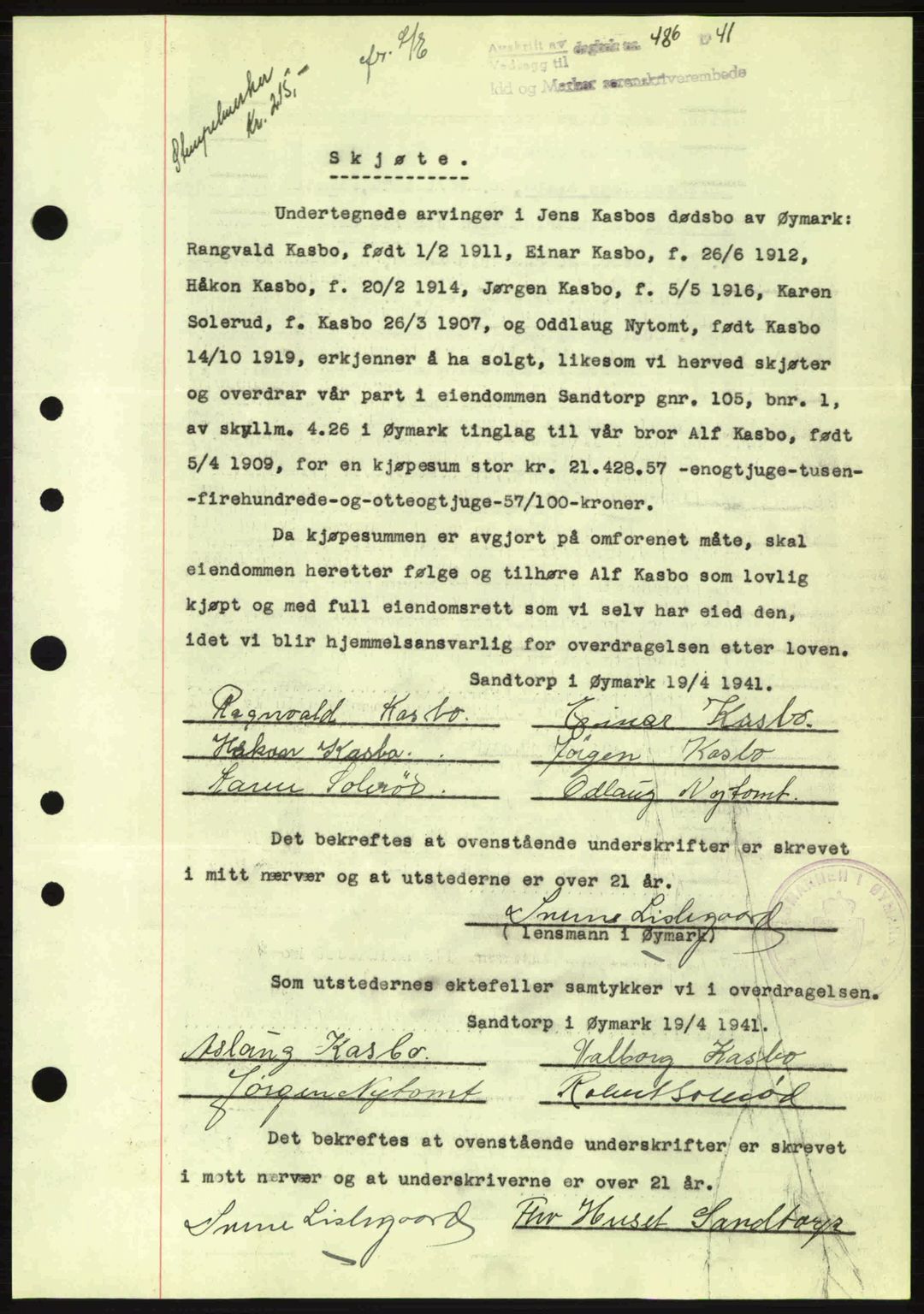 Idd og Marker sorenskriveri, AV/SAO-A-10283/G/Gb/Gbb/L0004: Mortgage book no. A4, 1940-1941, Diary no: : 486/1941