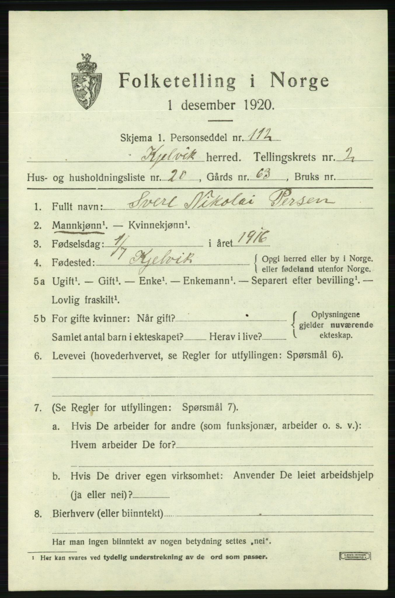 SATØ, 1920 census for Kjelvik, 1920, p. 1609