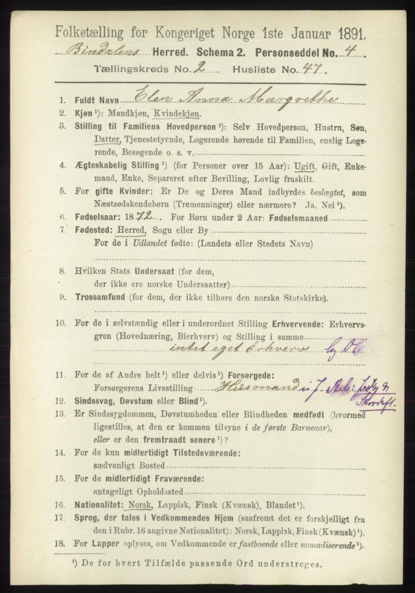 RA, 1891 census for 1811 Bindal, 1891, p. 582