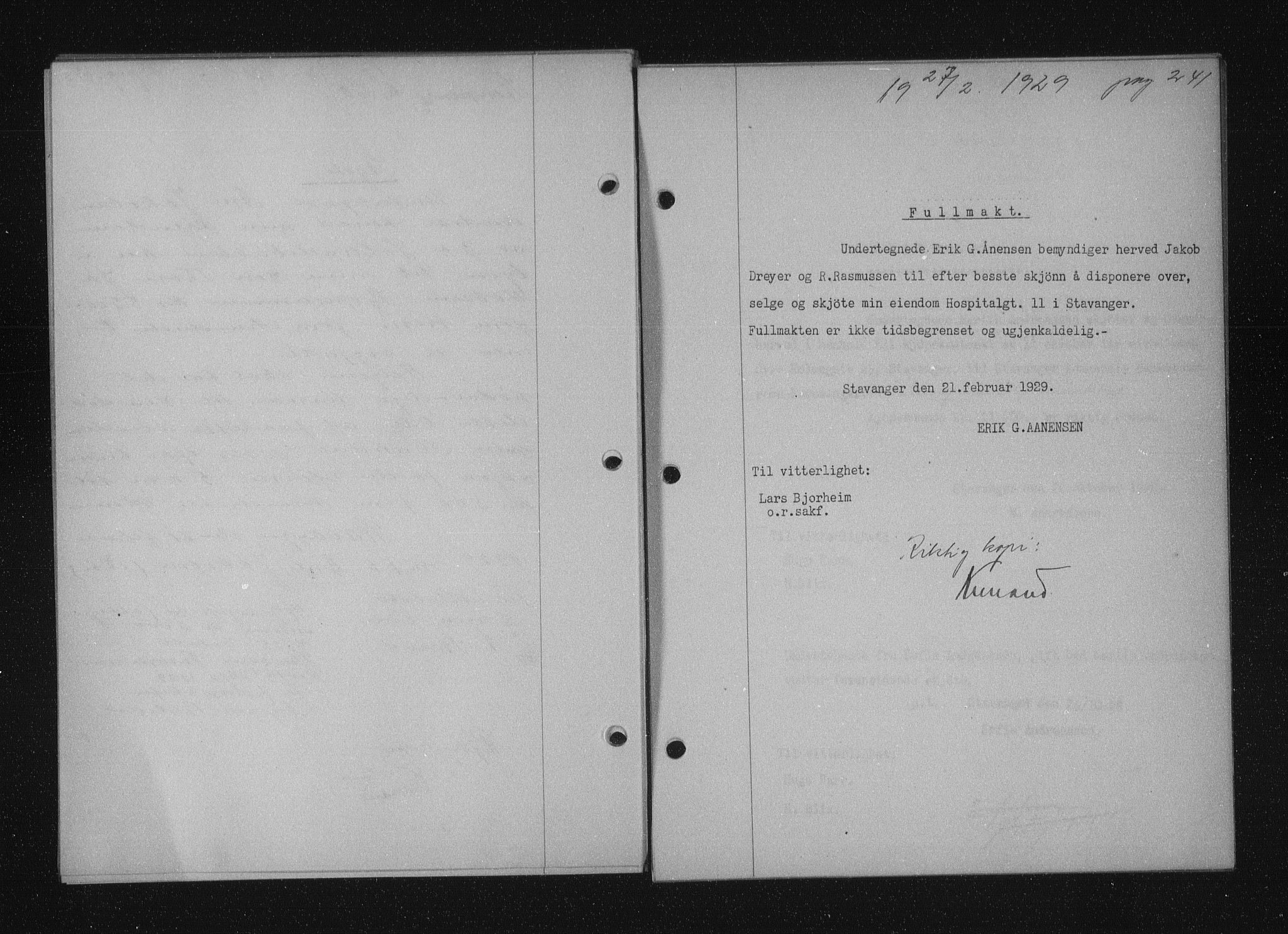 Stavanger byfogd, AV/SAST-A-101408/001/4/41/410/410BB/L0055: Mortgage book no. 43, 1928-1929, Deed date: 27.02.1929