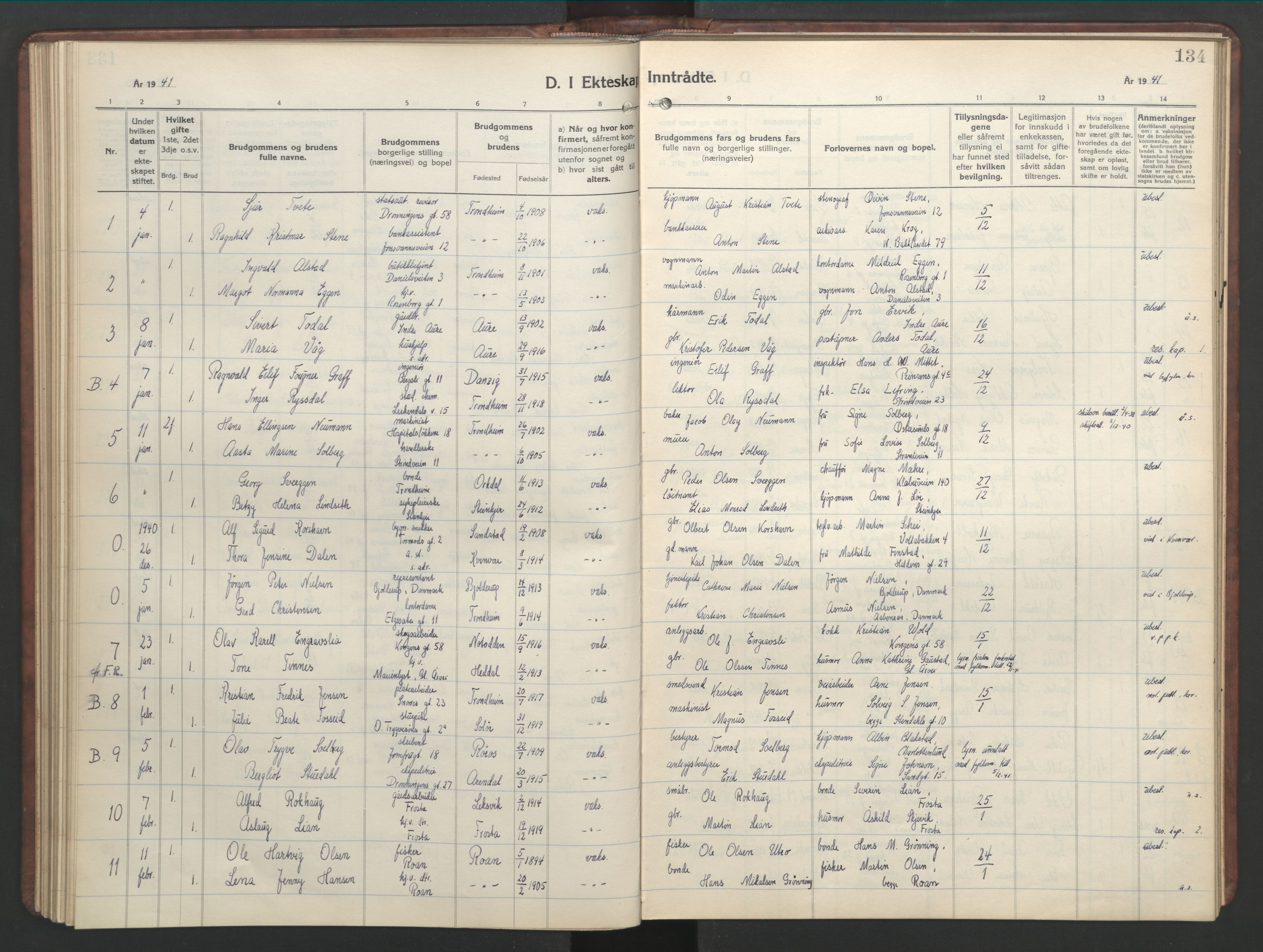Ministerialprotokoller, klokkerbøker og fødselsregistre - Sør-Trøndelag, SAT/A-1456/601/L0101: Parish register (copy) no. 601C19, 1935-1946, p. 134