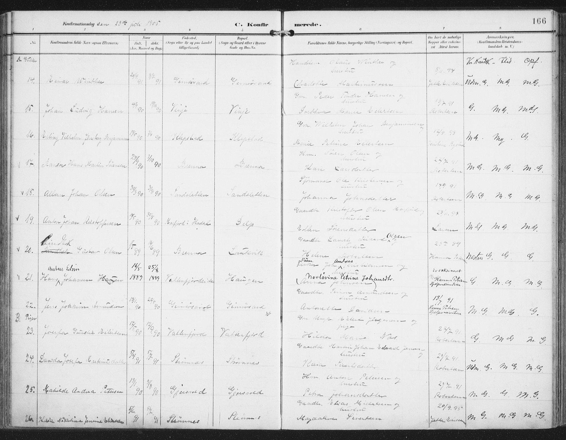 Ministerialprotokoller, klokkerbøker og fødselsregistre - Nordland, AV/SAT-A-1459/876/L1098: Parish register (official) no. 876A04, 1896-1915, p. 166