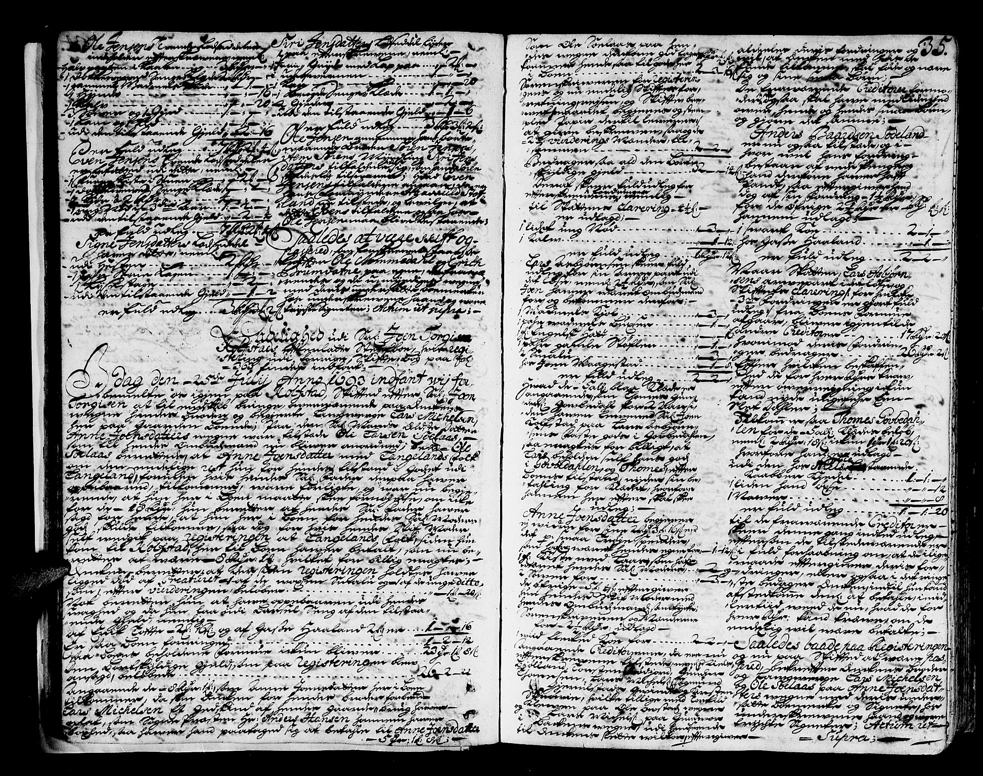 Mandal sorenskriveri, AV/SAK-1221-0005/001/H/Hc/L0008: Skifteprotokoll med register, original i eske nr 4a, 1693-1702, p. 34b-35a