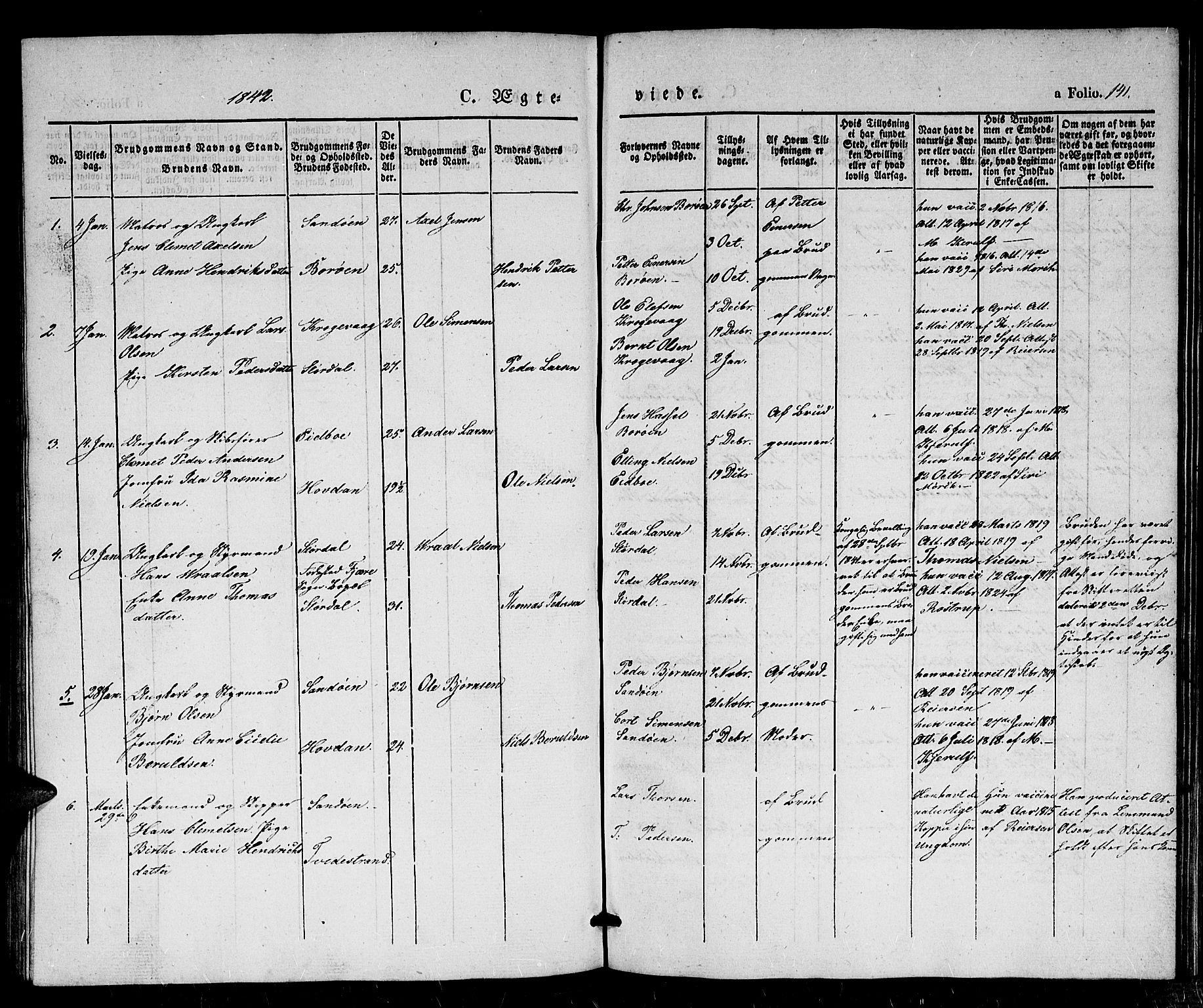 Dypvåg sokneprestkontor, SAK/1111-0007/F/Fb/Fba/L0010: Parish register (copy) no. B 10, 1842-1857, p. 141