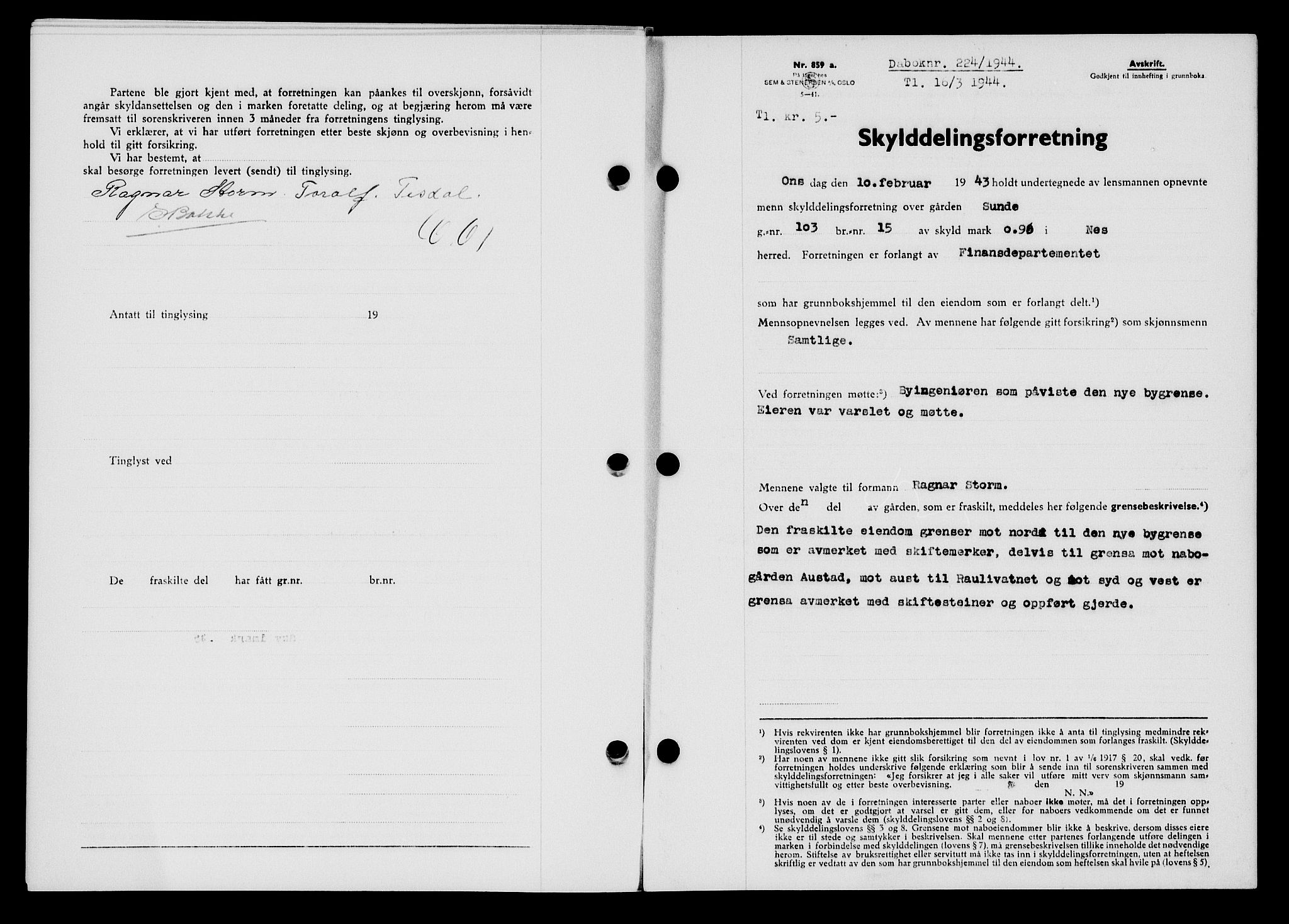 Flekkefjord sorenskriveri, SAK/1221-0001/G/Gb/Gba/L0059: Mortgage book no. A-7, 1944-1945, Diary no: : 224/1944