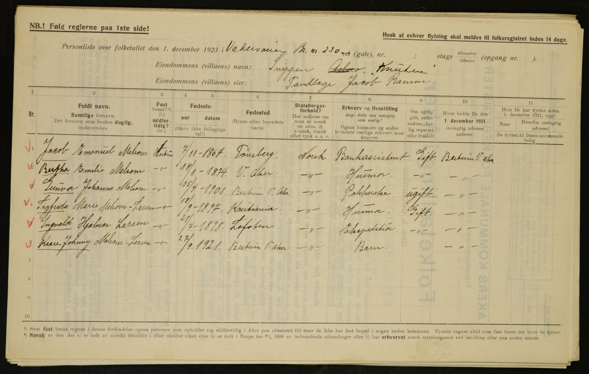 , Municipal Census 1923 for Aker, 1923, p. 6801