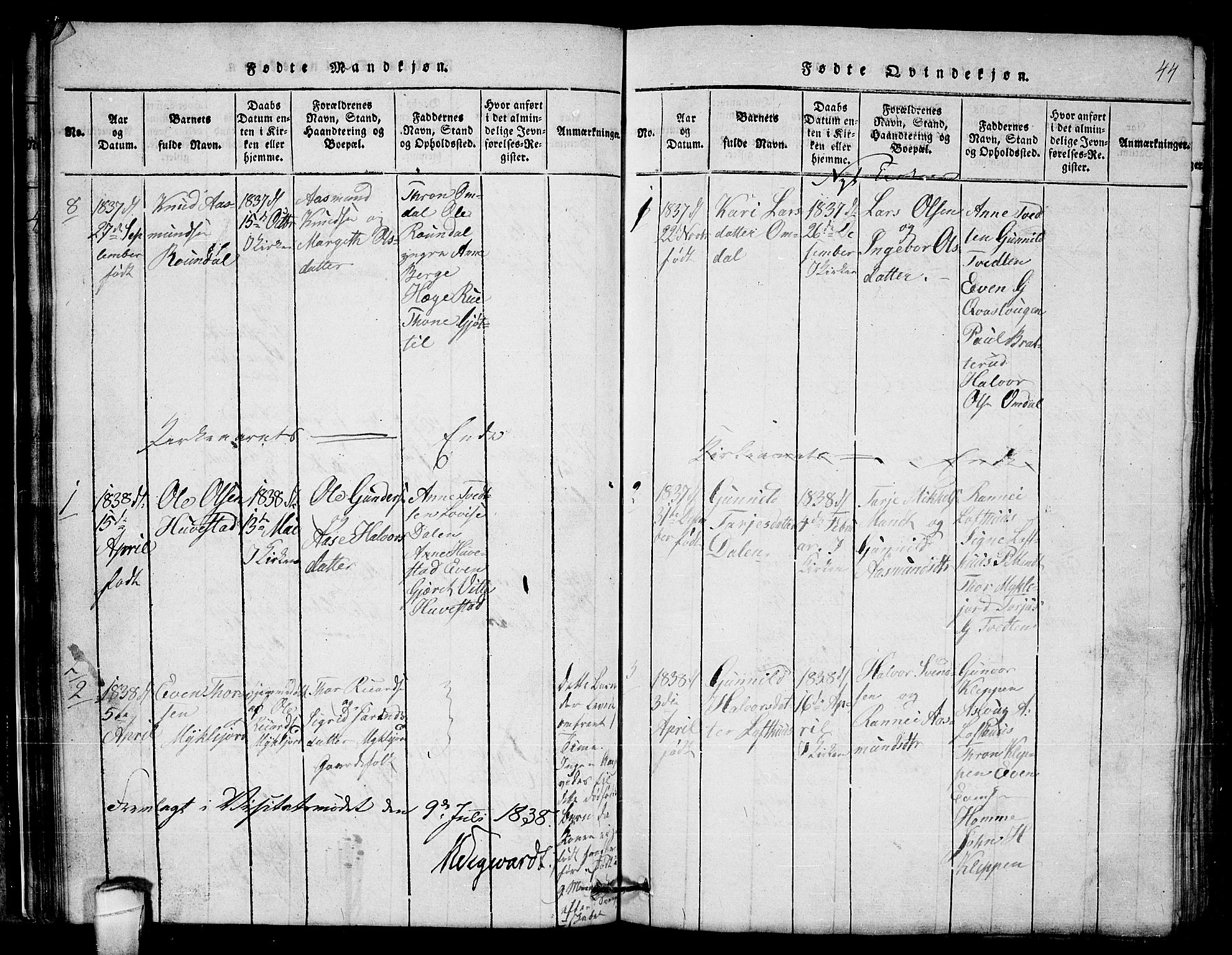 Lårdal kirkebøker, SAKO/A-284/G/Gb/L0001: Parish register (copy) no. II 1, 1815-1865, p. 44