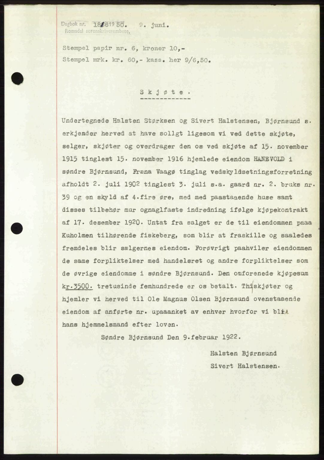 Romsdal sorenskriveri, SAT/A-4149/1/2/2C: Mortgage book no. A33, 1950-1950, Diary no: : 1816/1950