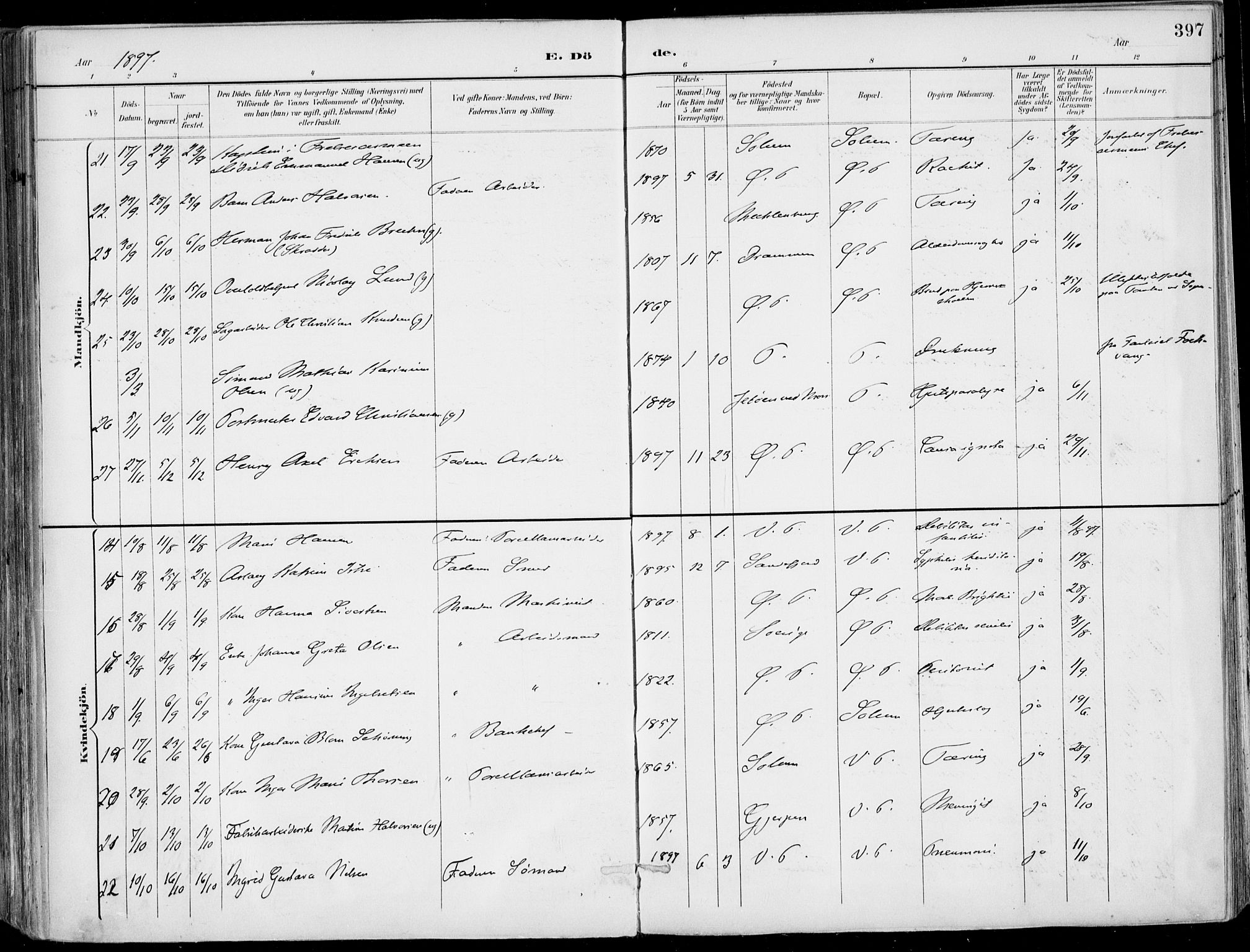 Porsgrunn kirkebøker , SAKO/A-104/F/Fa/L0011: Parish register (official) no. 11, 1895-1919, p. 397