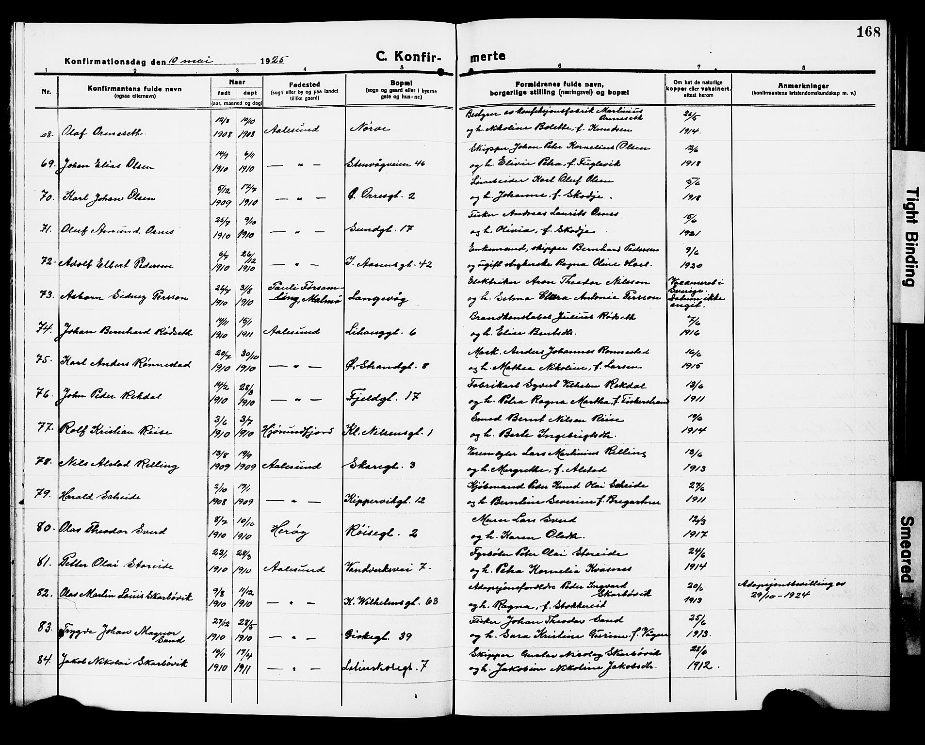 Ministerialprotokoller, klokkerbøker og fødselsregistre - Møre og Romsdal, AV/SAT-A-1454/529/L0472: Parish register (copy) no. 529C09, 1917-1929, p. 168