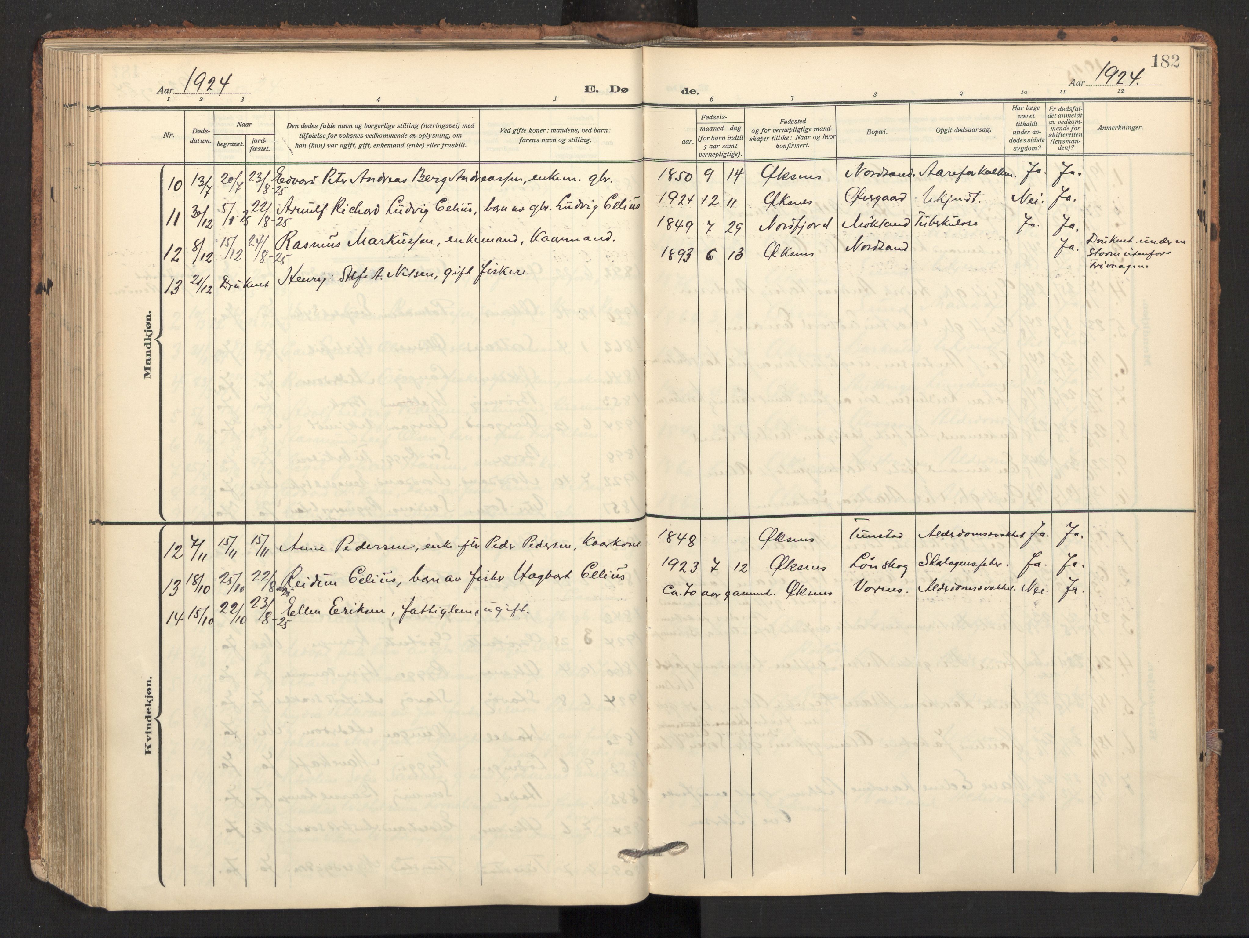 Ministerialprotokoller, klokkerbøker og fødselsregistre - Nordland, AV/SAT-A-1459/893/L1343: Parish register (official) no. 893A15, 1914-1928, p. 182