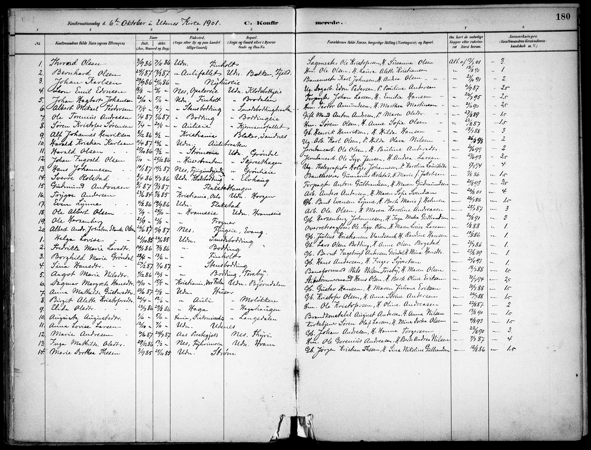 Nes prestekontor Kirkebøker, SAO/A-10410/F/Fc/L0002: Parish register (official) no. IIi 2, 1882-1916, p. 180
