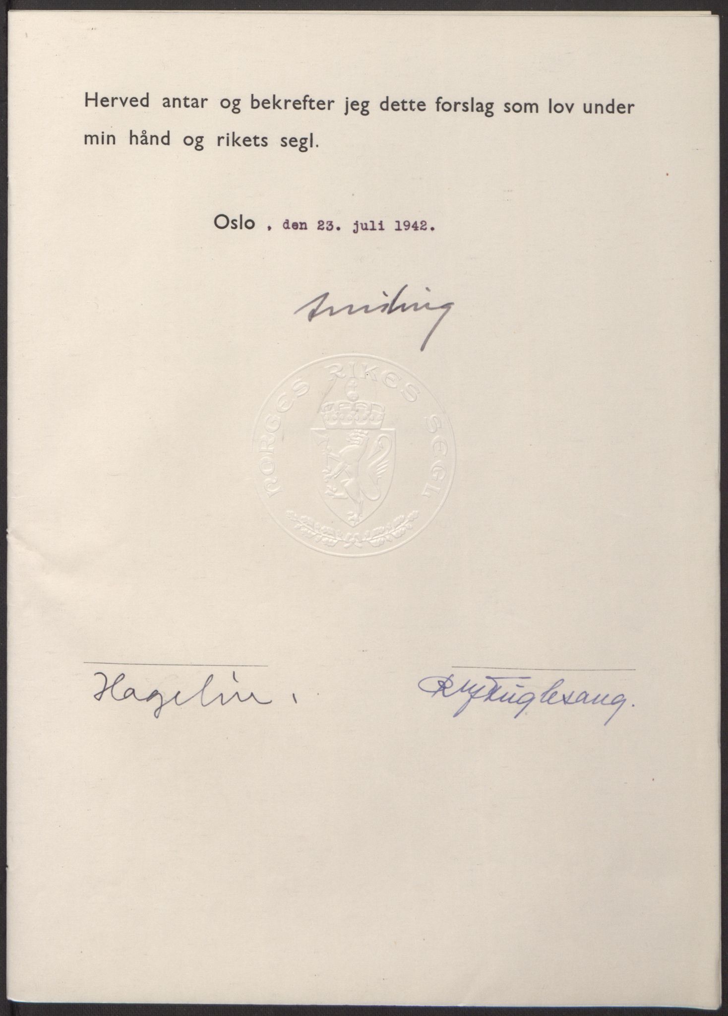 NS-administrasjonen 1940-1945 (Statsrådsekretariatet, de kommisariske statsråder mm), RA/S-4279/D/Db/L0098: Lover II, 1942, p. 219