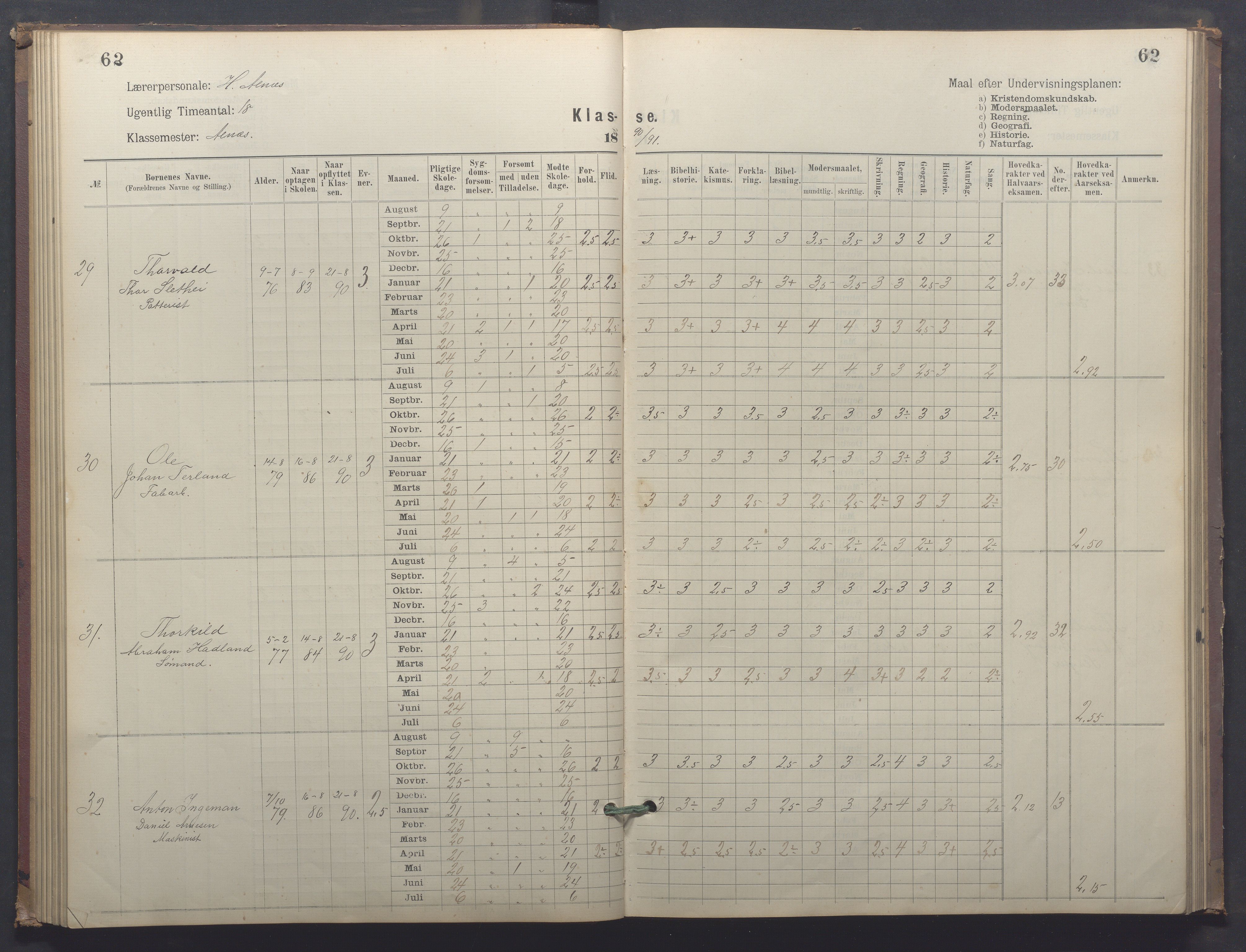 Egersund kommune (Ladested) - Egersund almueskole/folkeskole, IKAR/K-100521/H/L0025: Skoleprotokoll - Almueskolen, 4. klasse, 1887-1892, p. 62