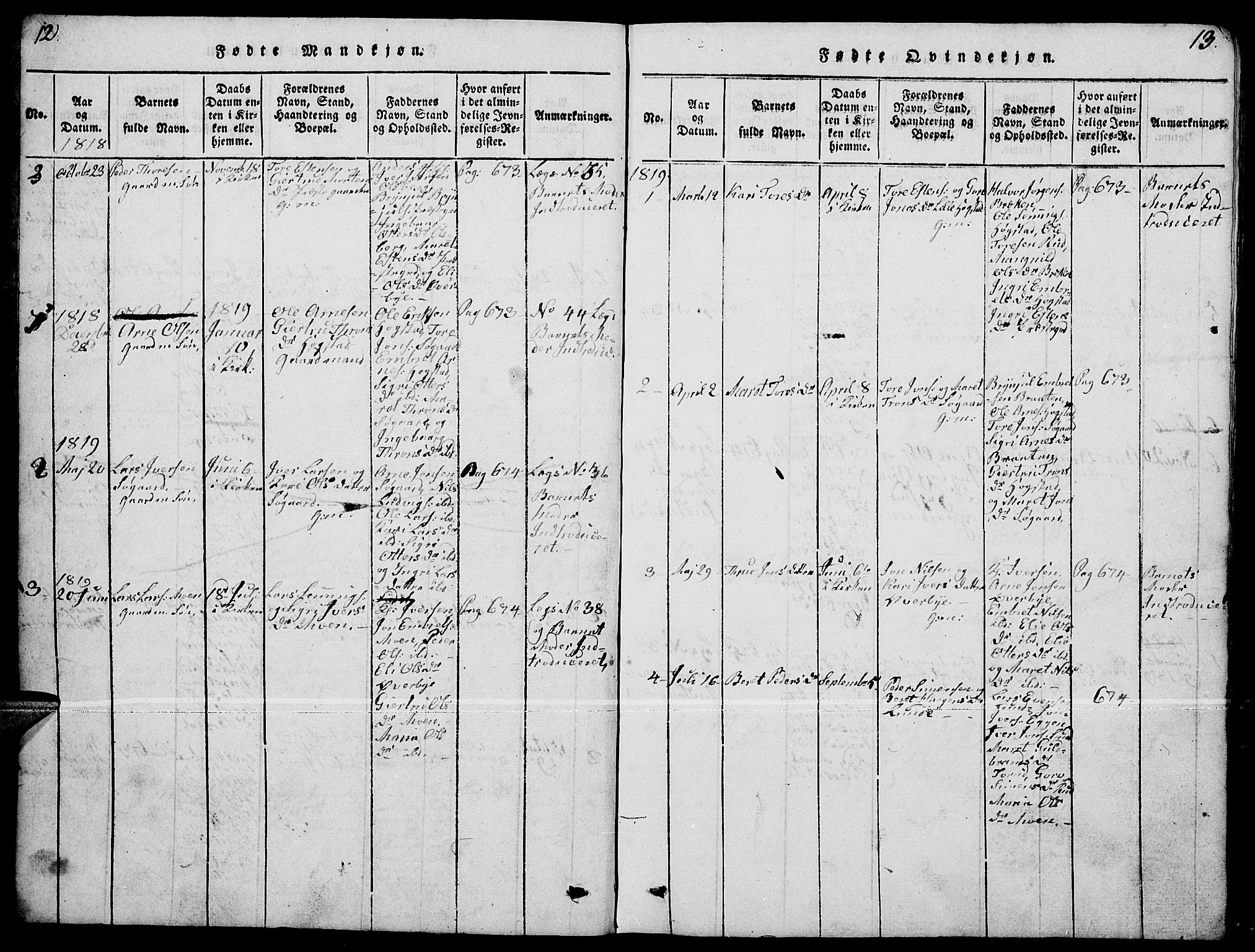 Tynset prestekontor, SAH/PREST-058/H/Ha/Hab/L0004: Parish register (copy) no. 4, 1814-1879, p. 12-13
