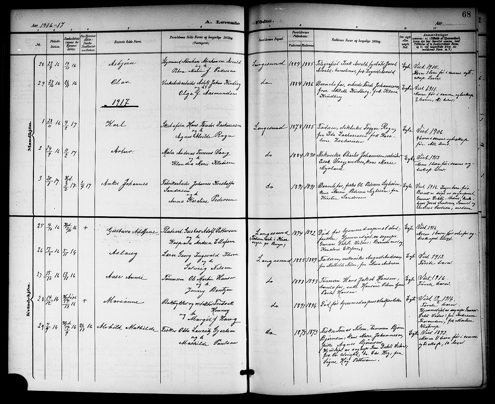 Langesund kirkebøker, SAKO/A-280/G/Ga/L0006: Parish register (copy) no. 6, 1899-1918, p. 68