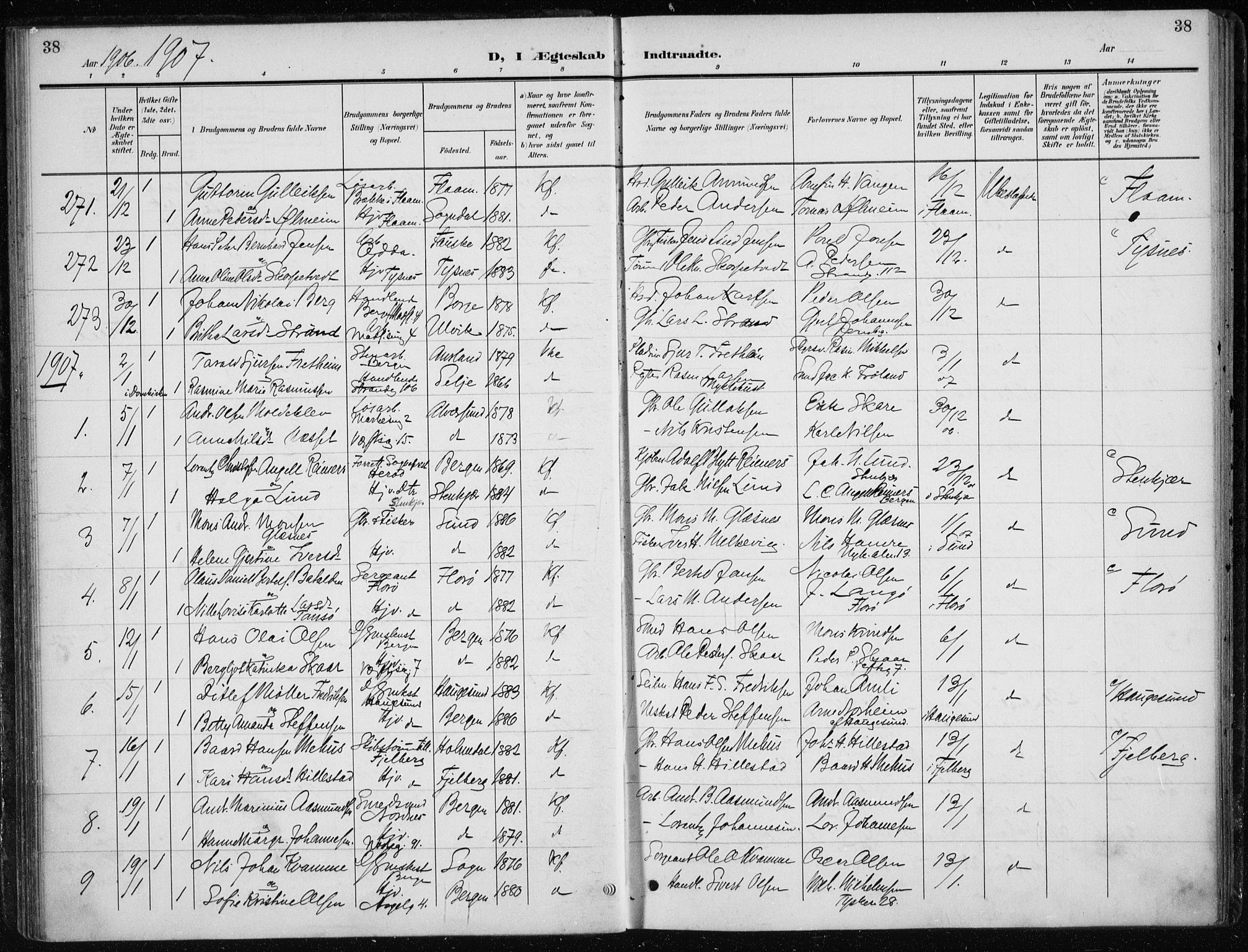 Nykirken Sokneprestembete, AV/SAB-A-77101/H/Haa/L0035: Parish register (official) no. D 5, 1905-1913, p. 38