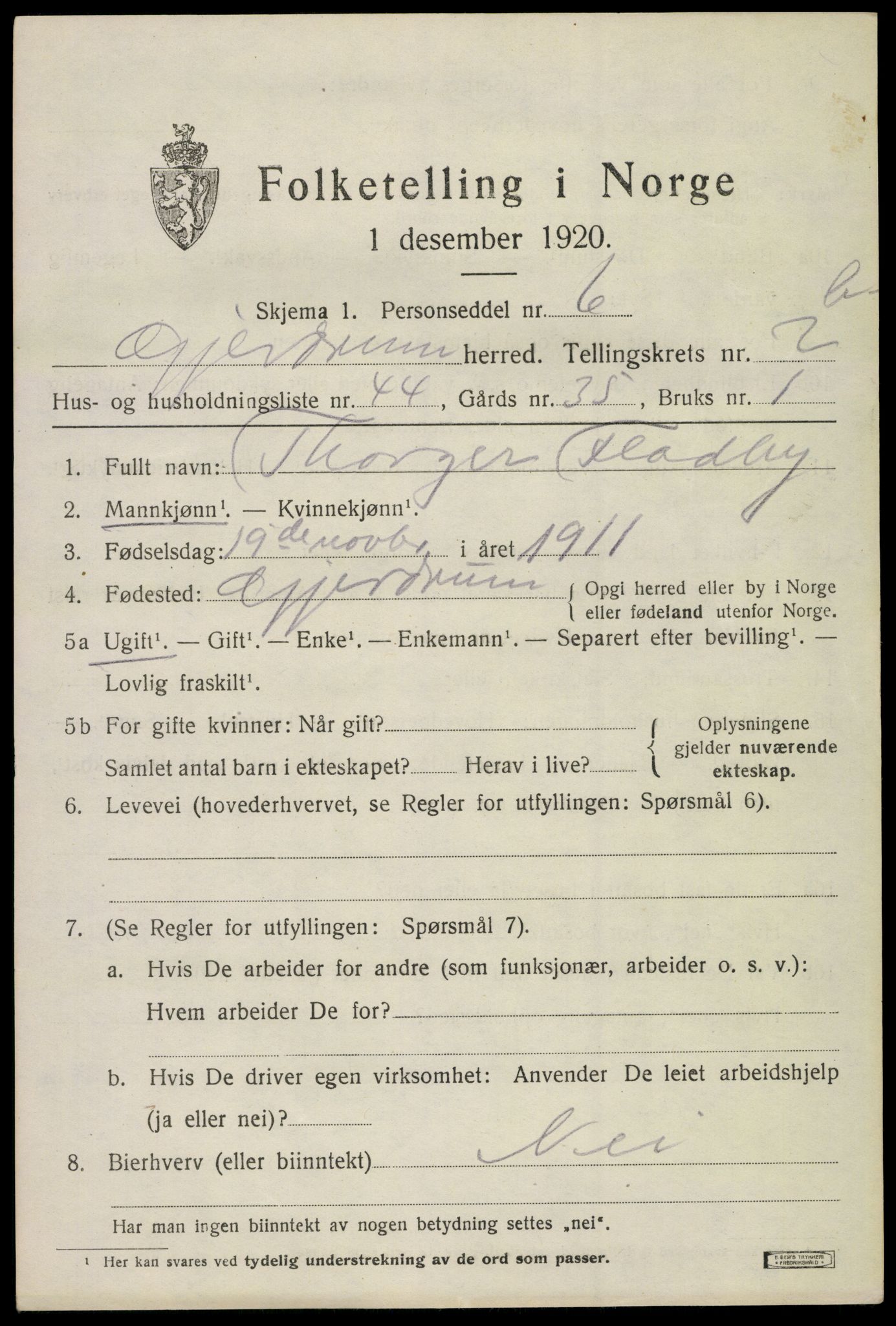 SAO, 1920 census for Gjerdrum, 1920, p. 1752