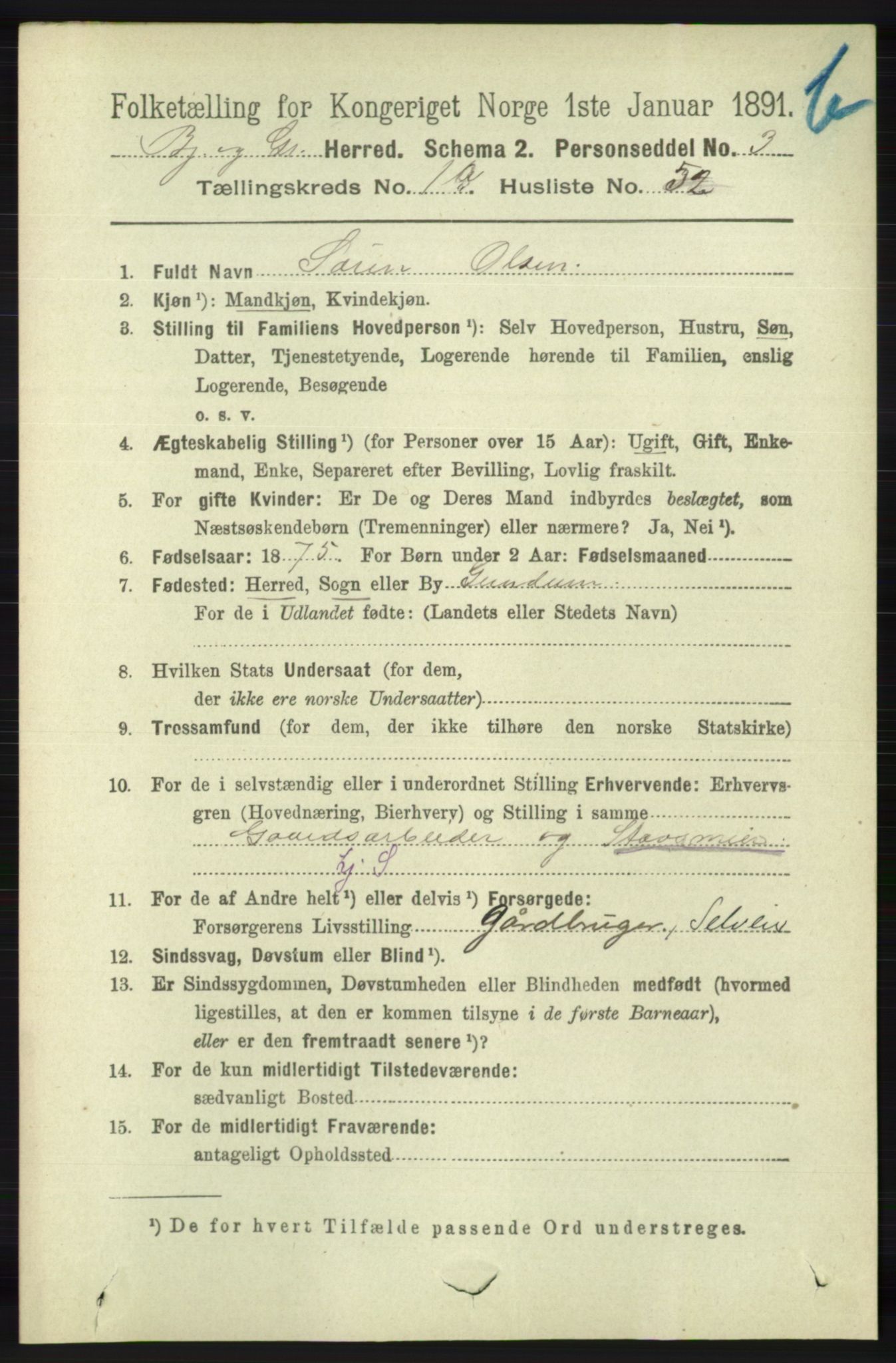 RA, 1891 census for 1024 Bjelland og Grindheim, 1891, p. 1066